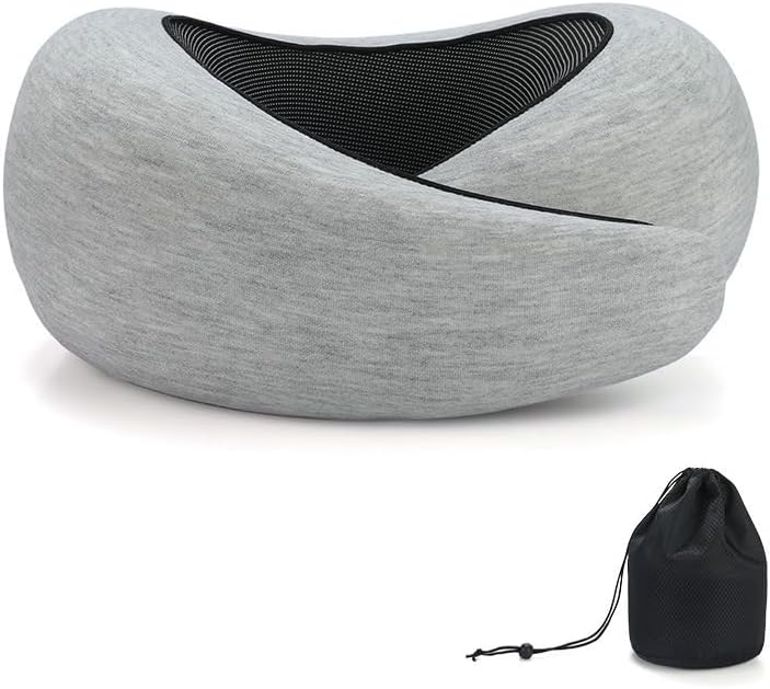 REDOFF®Travel Pillow for Neck Support, Memory Foam Neck Pillow for Airplane, Car, Office - Adjustable Strap with Magic Tape, Breathable & Portable with Storage Bag(LightGray