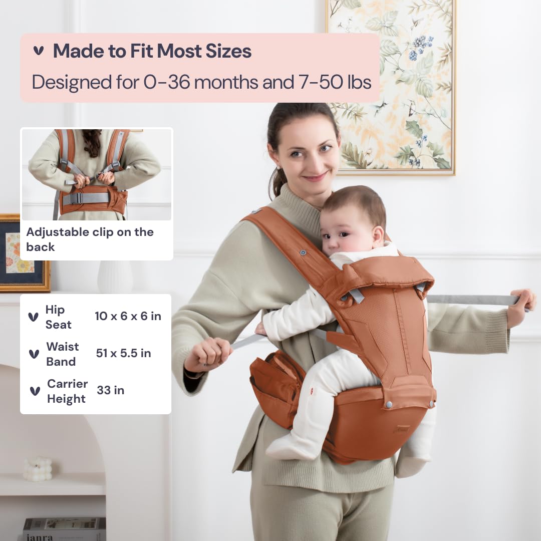 BabbleRoo Grow Carrier – 6-in-1 Baby Carrier with Hip Seat, Ergonomic, Cozy & Adjustable Toddler Carrier 7-50 lbs with Hip & Lumbar Support, Hood for Sun Protection, Newborn to Toddler, Kangaroo Rose
