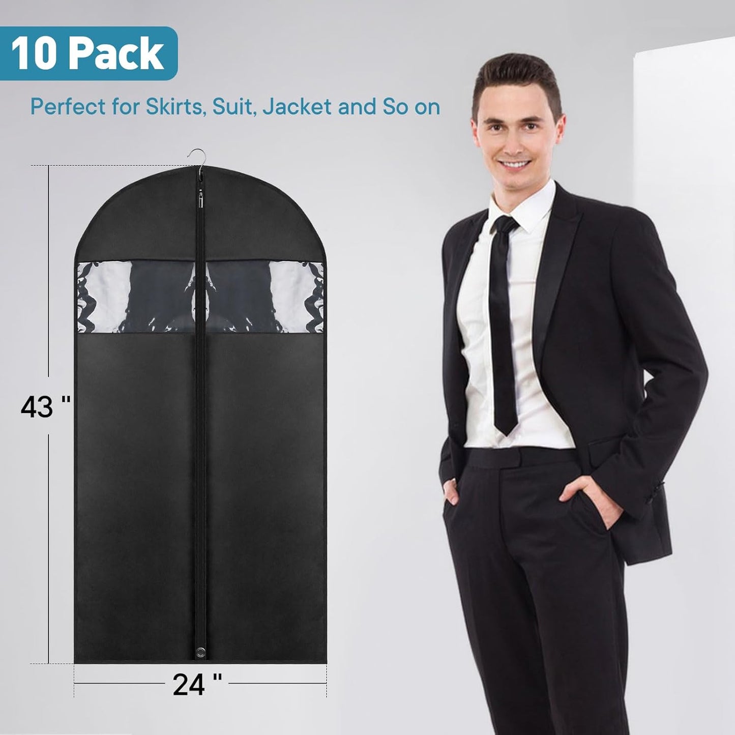 10 Pack - Moucas 43" Black Garment Bag, Mens Suit Bags for Closet Storage and Travel, Garment Bags for Hanging Clothes, Suit Cover Bags with Zipper for Coats, Jackets, Shirts