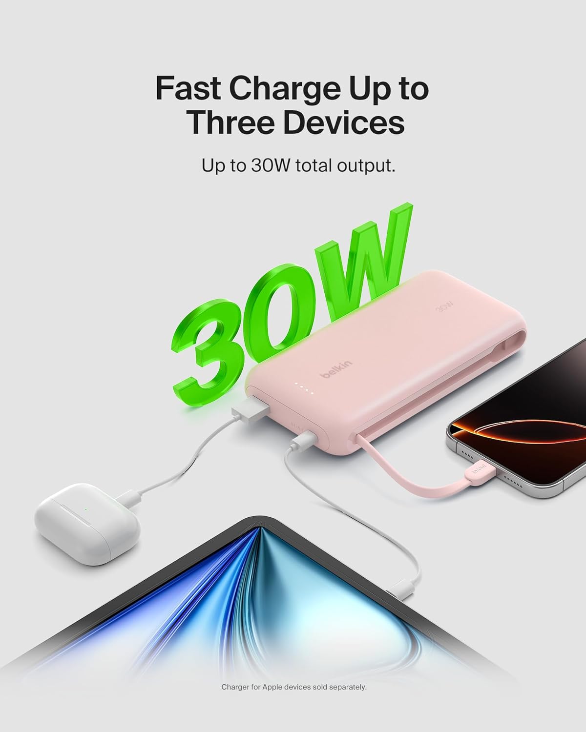 Belkin Portable Charger, Power Bank with Integrated Cable 20000 mAh 30W - Fast Charging USB C Power Delivery, iPhone Charger - iPhone 16 Series, iPad Pro, Galaxy S25 Series, & More - Pink
