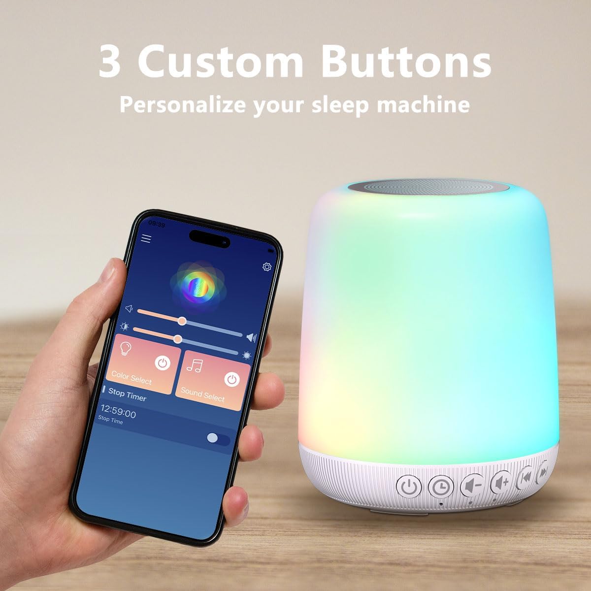 White Noise Sound Machine for Sleep Portable Sound Machine with 30 Soothing Sounds 12 Night Light Colors 4 Timer Sleep Machine for Baby Adults, Smart App Control, Touch Control