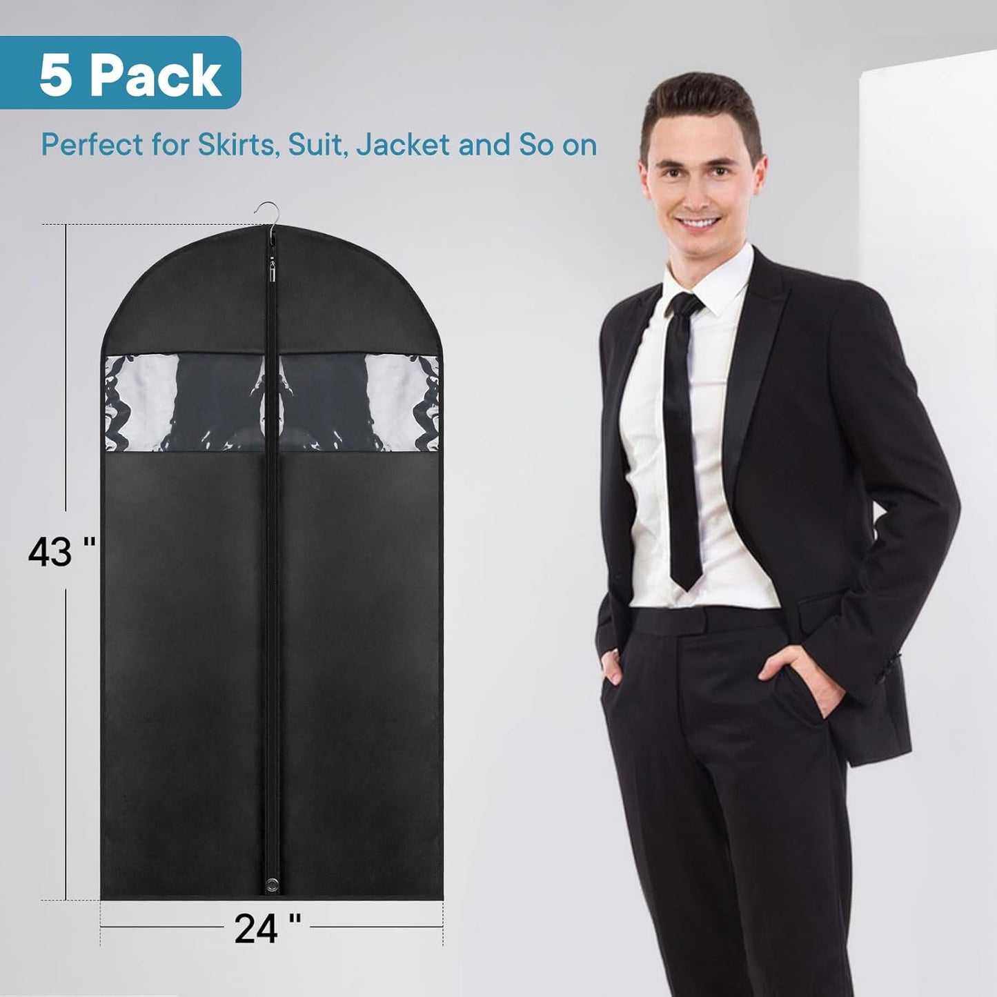 43" Suit Bags for Closet Storage and Travel, Garment Bags for Hanging Clothes, Suit Garment Bag for Men, Black Suit Cover Bags with Clear Window for Coats, Jackets, Shirts(5 Packs)