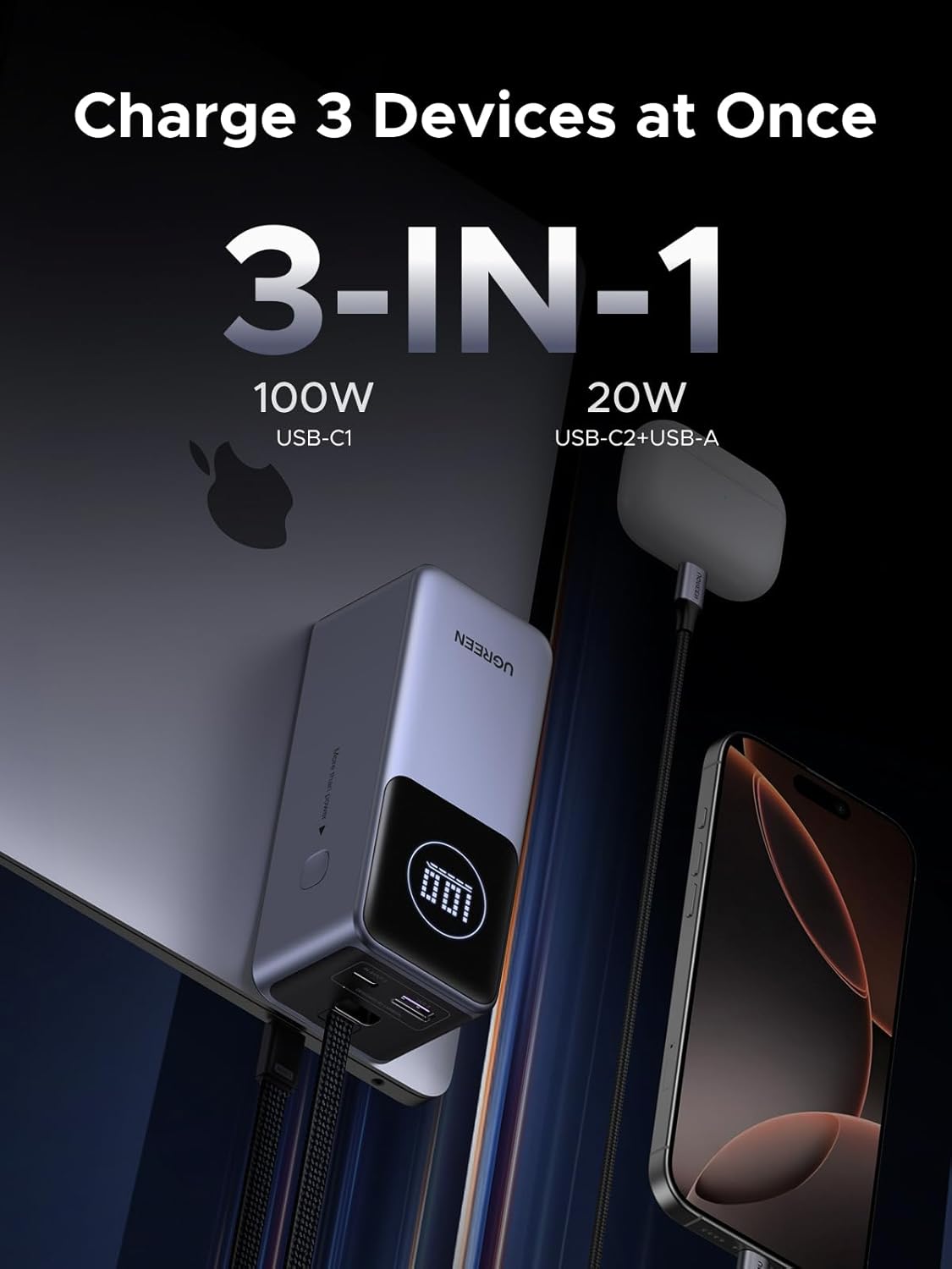 UGREEN Nexode Power Bank 20000mAh 130W with Built-in USB C Cable Laptop Travel Portable Charger, 80W Input, Fast Charging for MacBook Pro/Air/iPhone 16/iPad Pro/Galaxy S25 Ultra/Dell/HP and More