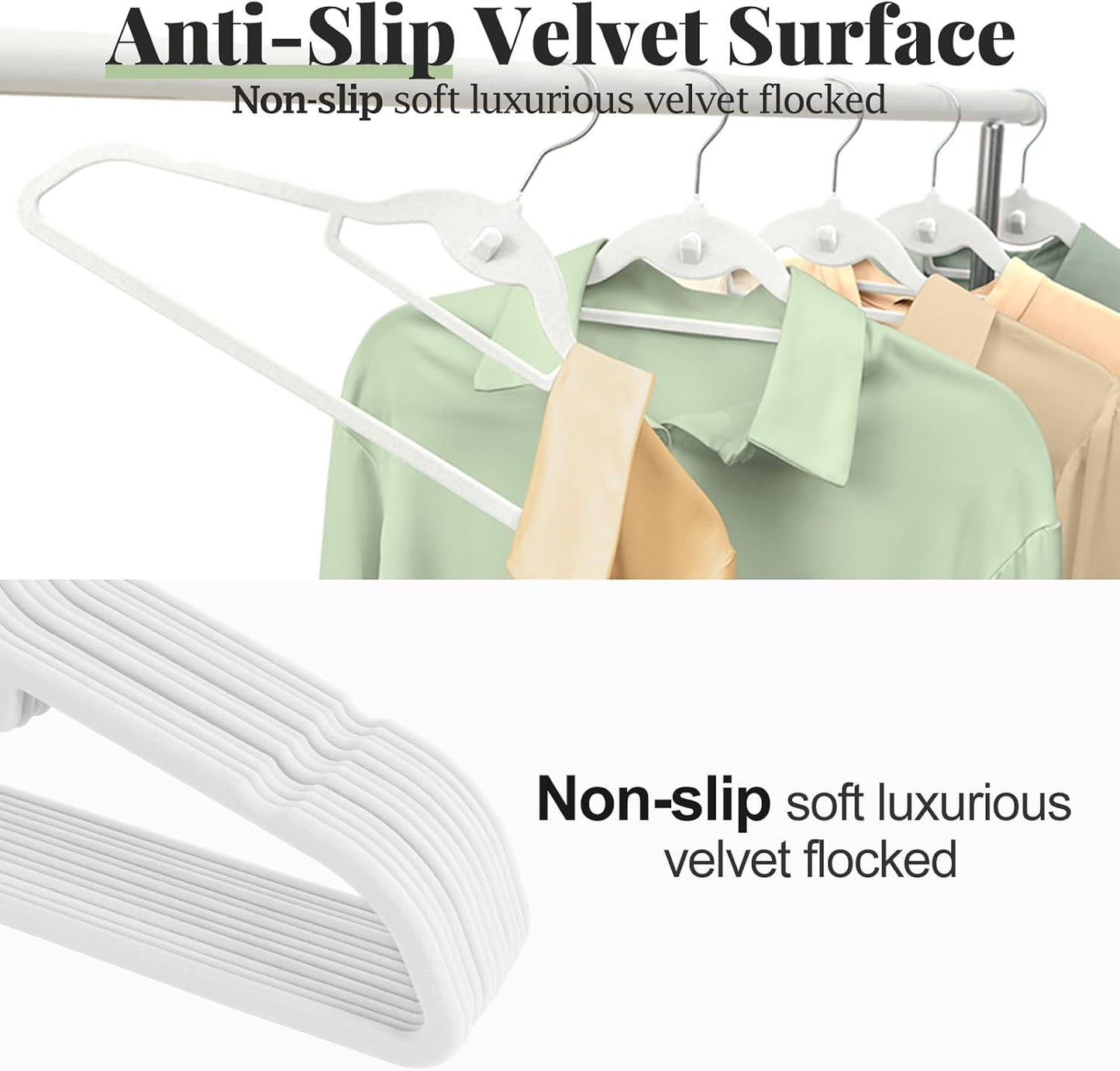 Velvet Felt Stackable Hangers 50 Pack, Non Slip, with 360°Swivel Hook, Ultra Thin and Space Saving for Suits, Shirts, Coats, 15Lbs Capacity Heavy Duty, White