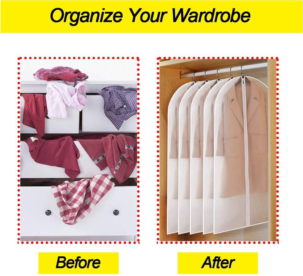 Garment Bags Covers 24''X60'' Dress Bags for Hanging Clothes (Pack of 6) with Study Full Zipper Coat Covers for Closet Clothes Storage Travel