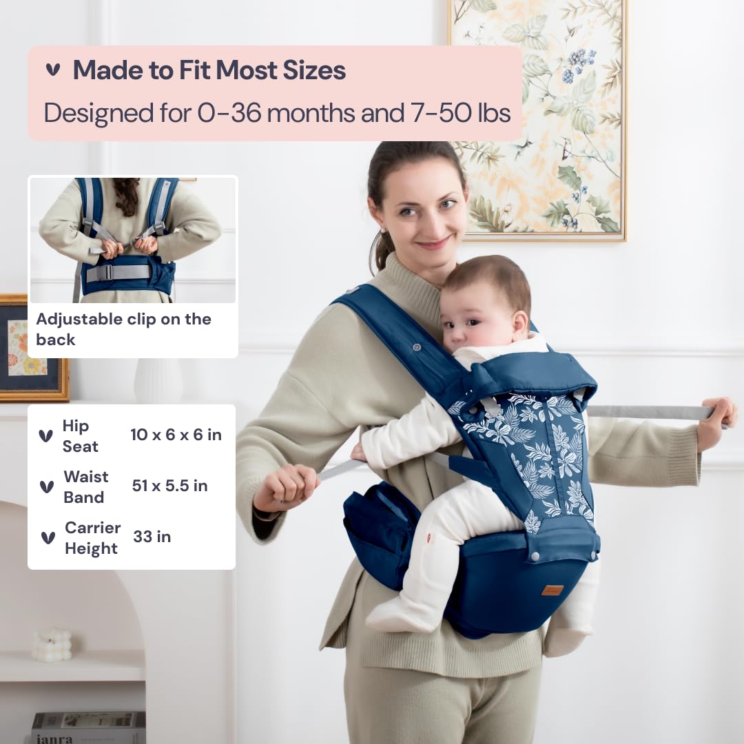 BabbleRoo Grow Carrier – 6-in-1 Baby Carrier with Hip Seat, Ergonomic, Cozy & Adjustable Toddler Carrier 7-50 lbs with Hip & Lumbar Support, Hood for Sun Protection, Newborn to Toddler, Denim Leaves