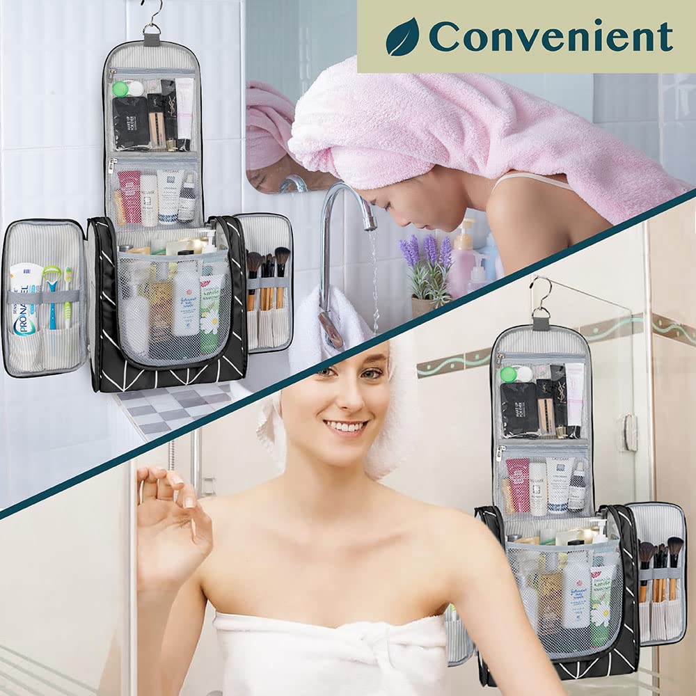 PAVILIA Extra Large Toiletry Bag Travel Bag for Women Men, Hanging Cosmetic Organizer, Water Resistant Makeup Bag for Accessories Toiletries, Travel Essentials Kit (Black Chevron)