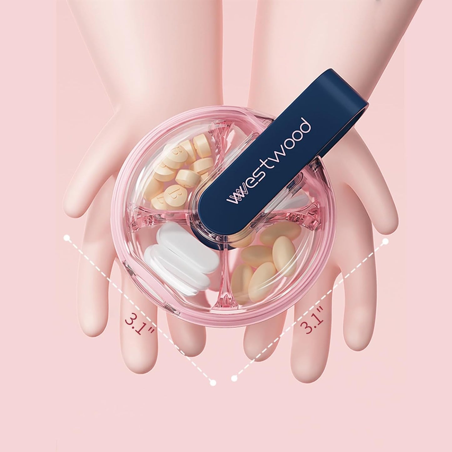 1 Pack Easy-to-Hold Small Round Blue Pill Organizer with Decorative Strap, 4 Compartments, Compact Travel Pill Box Case, Portable and Moistureproof to Store Vitamins, Medication and Supplements