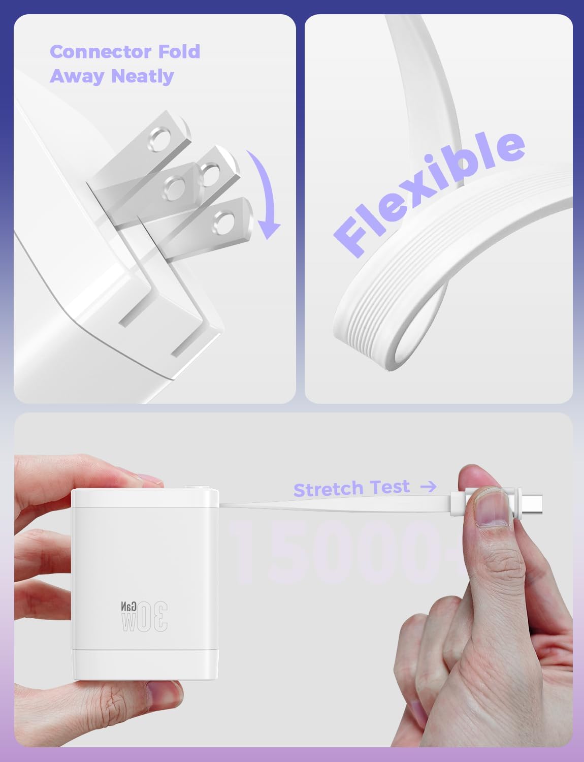 30W Retractable Wall Charger with USB C Cable 2.1FT, 2-Port USB Block 3 in 1 Travel Essentials,for iPhone Charger Fast Charging Plug for iPhone 16/15 Series, iPad, LG, Samsung-Only 1Pcs