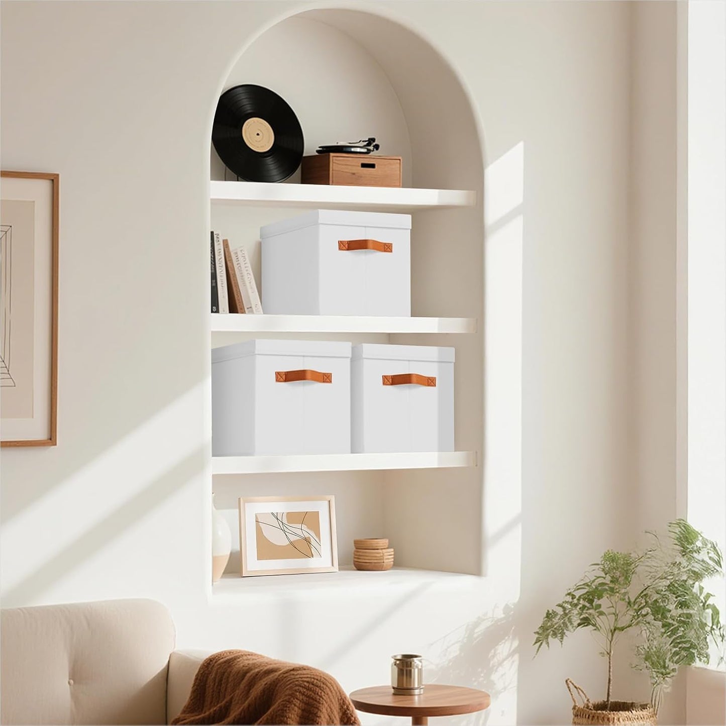 Storage Bins with Lids - Fabric Storage Baskets for Shelves, 6 Pack Foldable Decorative Boxes with Handles, Stackable Organizer Bins for Home, Nursery, Dorm, White