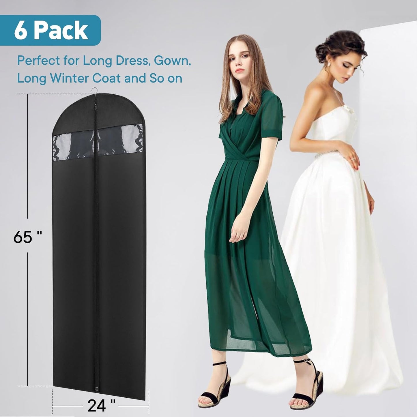 Dress Bags for Gowns, 65" Long Garment Bags for Hanging Clothes, 6-Pack Foldable Dress Cover with Clear Window for Women's Coats, Formal Gowns, and Evening Dresses