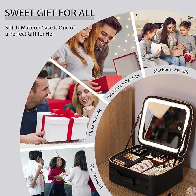 Makeup Bag with Led Mirror,Travel Makeup Organizer with 3 Color Setting & 10X Magnifying Mirror, Portable Storage and Adjustable Dividers Travel Makeup Bag-black