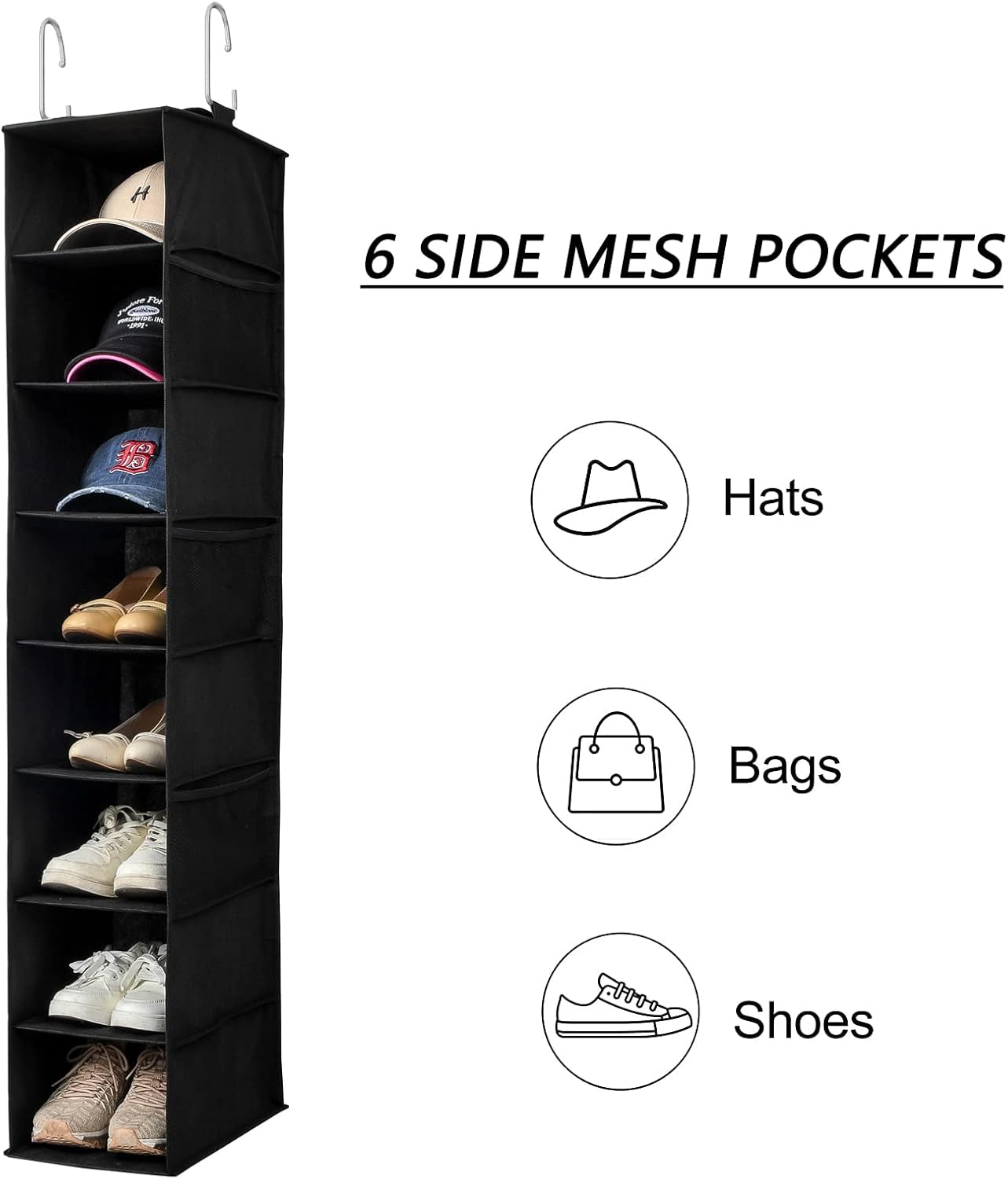 Hanging Shoe Organizer for Closet with Side Mesh Pockets,Hat Racks for Baseball Caps,Shoe and Hat Holder & Storage,8-Shelf,Black,1 Pack