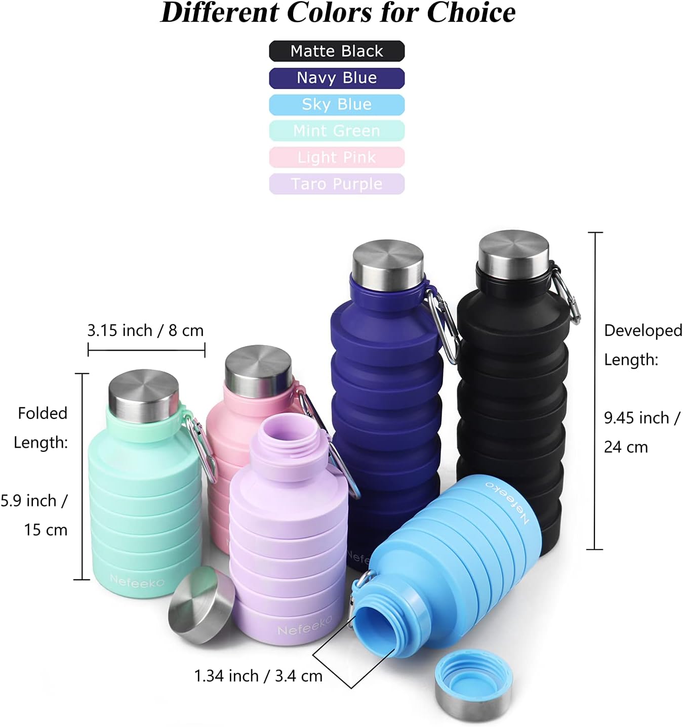 Nefeeko Collapsible Water Bottle, Reuseable BPA Free Silicone Foldable Water Bottles for Travel Gym Camping Hiking, Portable Leak Proof Sports Water Bottle with Carabiner