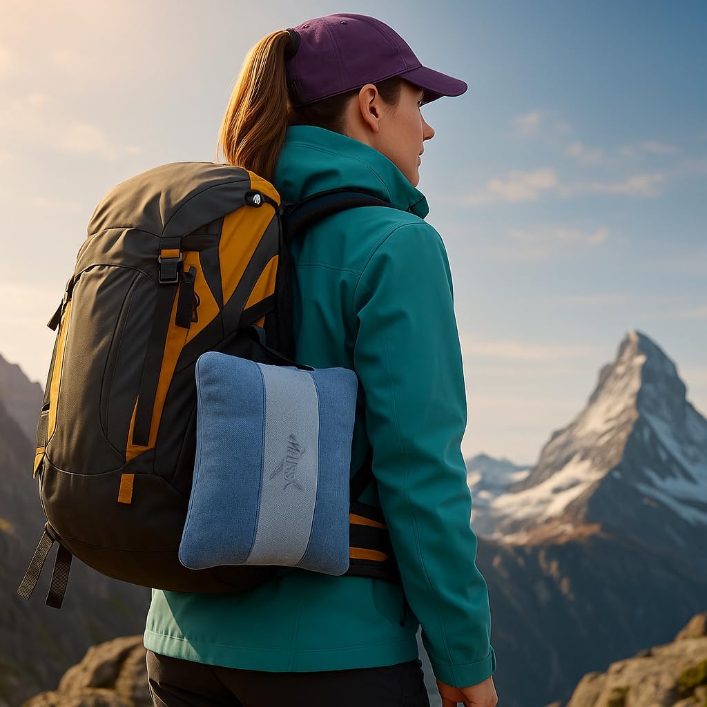 Melissa Large Travel Blanket and Inflatable Pillow Set - 69โ x 43.3โ โ Soft Blanket with Carry Bag โ Lightweight, Compact & Washable for Backpacking, Hiking, Airplane, Car, Office, Camping (Blue)