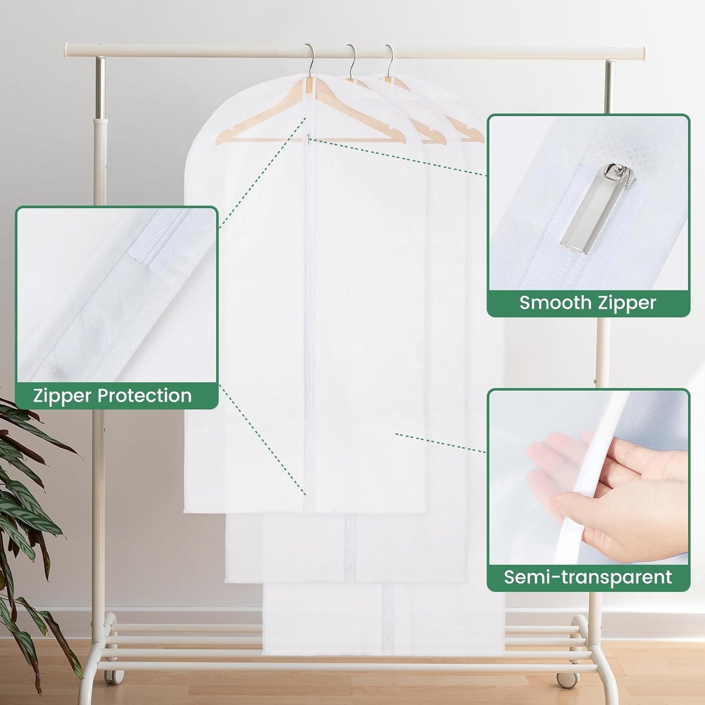 Translucent Garment Bag - 15 Packs Garment Bags for Hanging Clothes Dress Bag Suit Bags for Closet Storage Travel - 24" x 40"/47"/55"