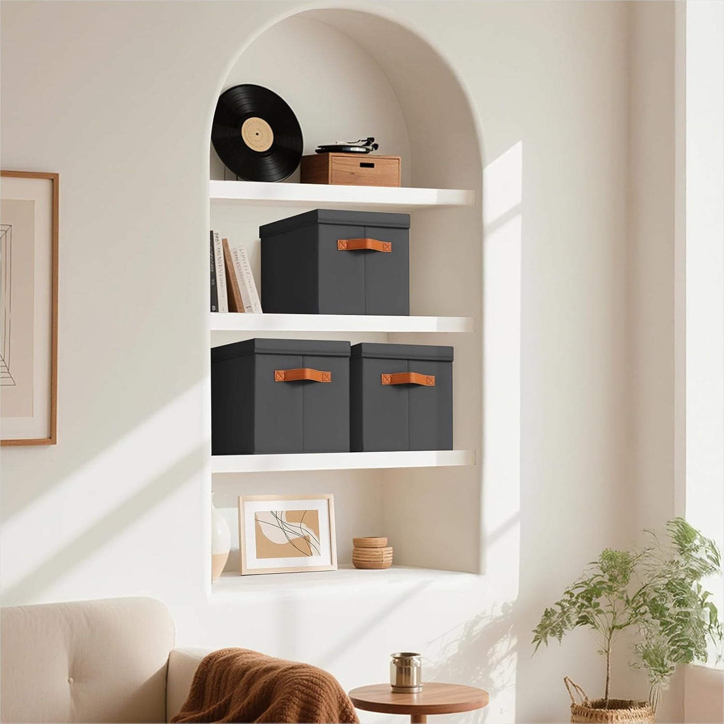 Storage Bins with Lids - Fabric Storage Baskets for Shelves, 4 Pack Foldable Decorative Boxes with Handles, Stackable Organizer Bins for Home, Nursery, Dorm, Black