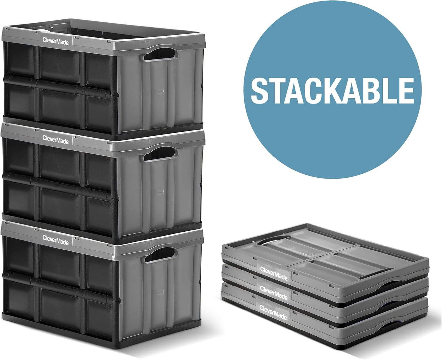CleverMade Collapsible Storage Bins - Stone 3 Pack 62L - Stackable Containers Heavy Duty Capacity Folding Crates - Space-Saving for Home