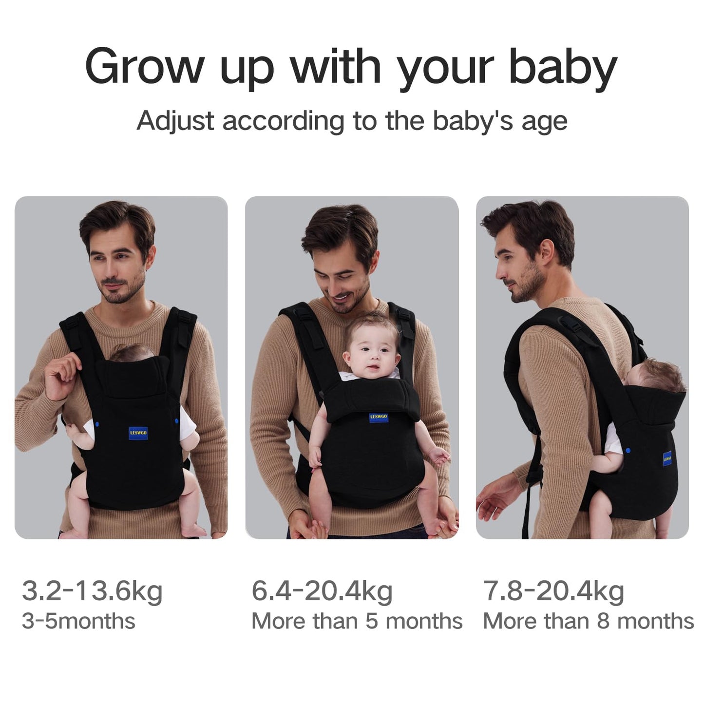 Baby Carrier Newborn to Toddler,Newborn Carrier(7-25lbs) with Head Support, Cozy Baby Wrap Carrier, with Hook&Loop for Easily Adjustable, Soft Fabric (Breathable Black) (All-Black)