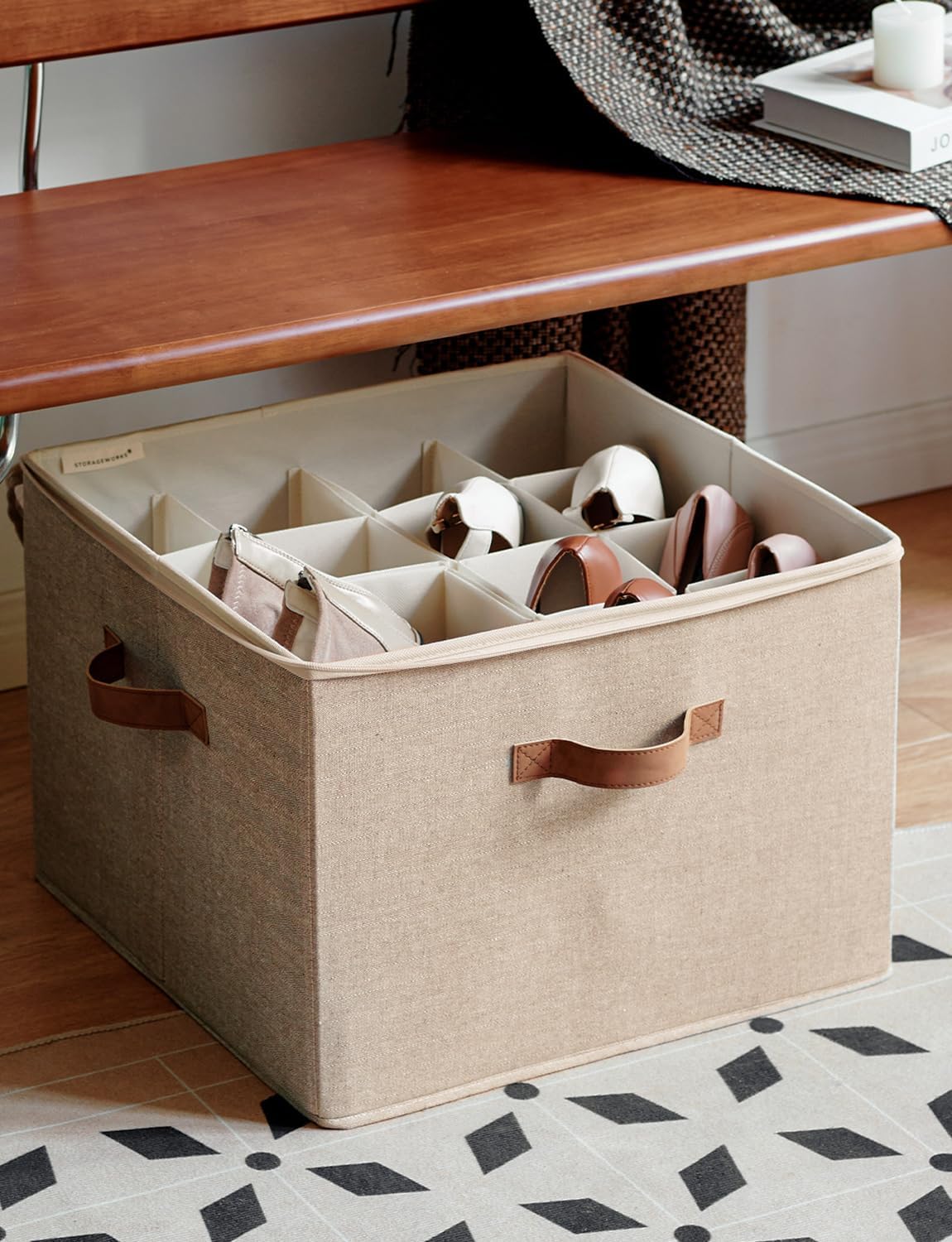 StorageWorks Shoe Organizer for Closet, Fits up to 16 Pairs, Shoe Cubby Storage Containers with Adjustable Dividers and Clear Cover, Mixing of Brown & Beige