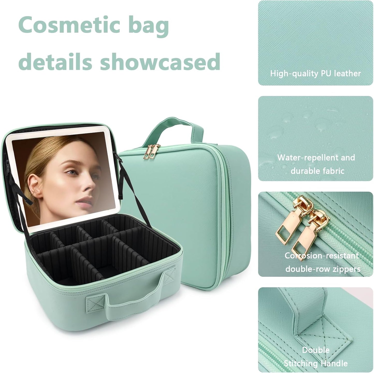 Travel Makeup Bag with LED Lighted Mirror, Travel Makeup Organizer,3 Color Setting Cosmetic Makeup Box, Adjustable Dividers and Brush Holder(light green)