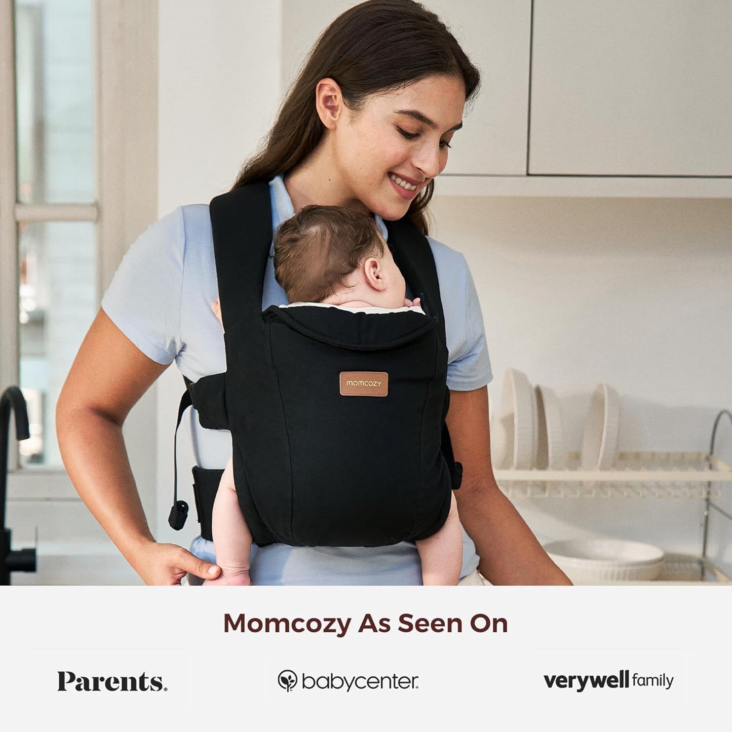 Momcozy Newborn Carrier WeeSnug- Lightweight and Cozy Comfort for 7-25 lbs, Ergonomic Cross-Back Support, Effortless to Put On, Hands-Free Baby Carrier with Lumbar Support, Black