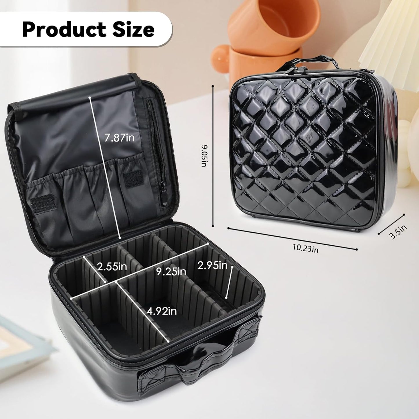 Travel Makeup Bag Makeup Cosmetic Train Case Organizer Portable Storage Bag with Adjustable Dividers for Cosmetics Makeup Brushes Toiletry Jewelry Black Laser Grid Pattern