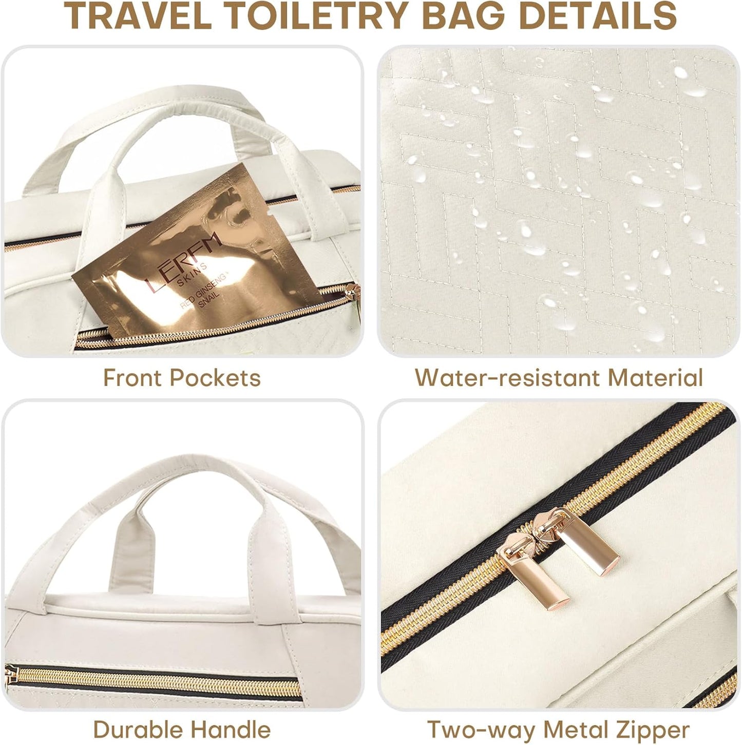 Hanging Toiletry Bag for Women Travel, 2 Sizes Large & Small Waterproof Cosmetic Organizer with 4 Compartments, Rotating Hook, Foldable Pink Travel Bag for Toiletries & Makeup - Large Beige