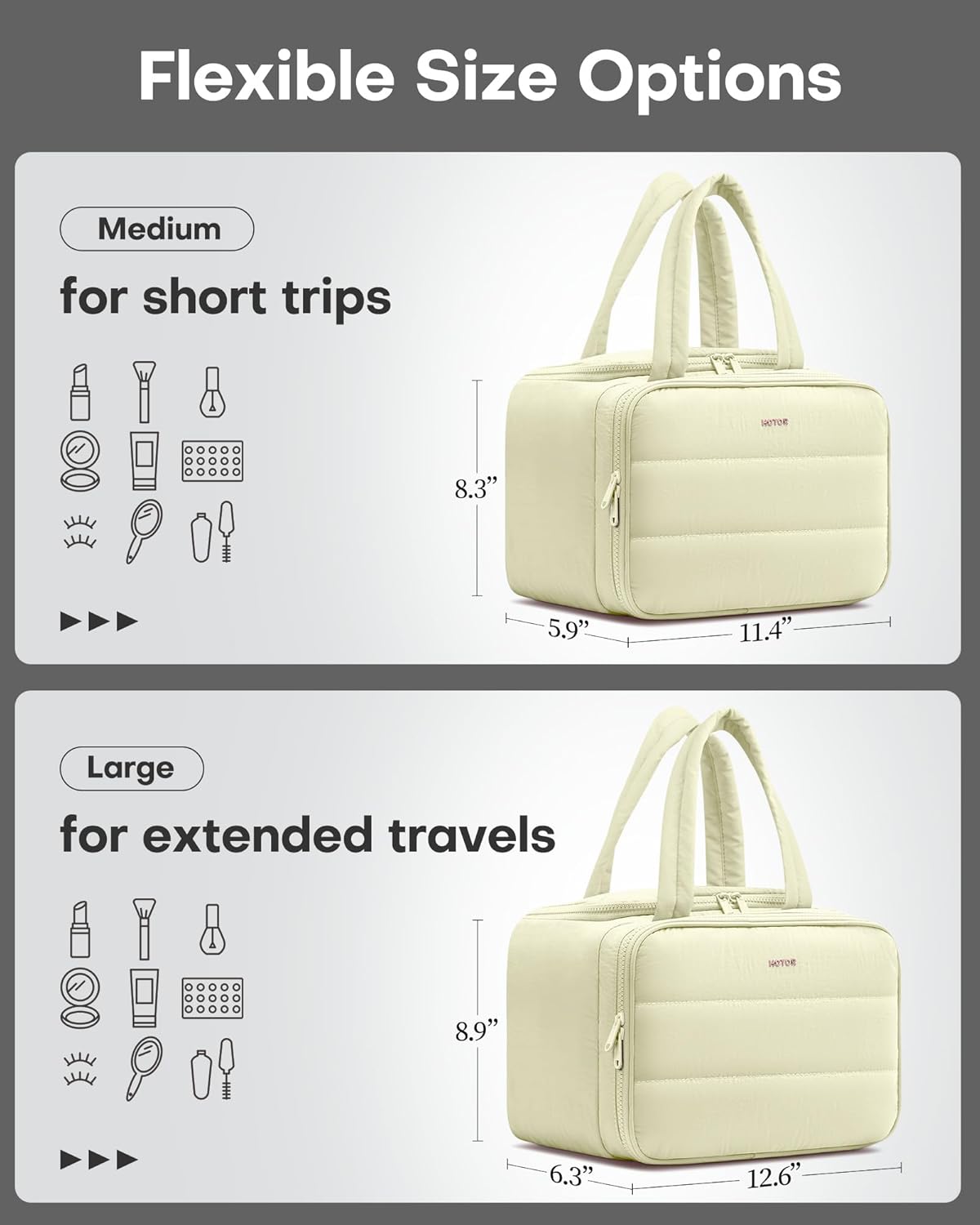 HOTOR Travel Toiletry Bag - Wide-Open Toiletry Bag for Women, Multi-Pocket Makeup Bag for Travel Essentials, Wet & Dry Separation Travel Accessories for Trip, Gym, 11.4" x 5.9" x 8.3", Beige