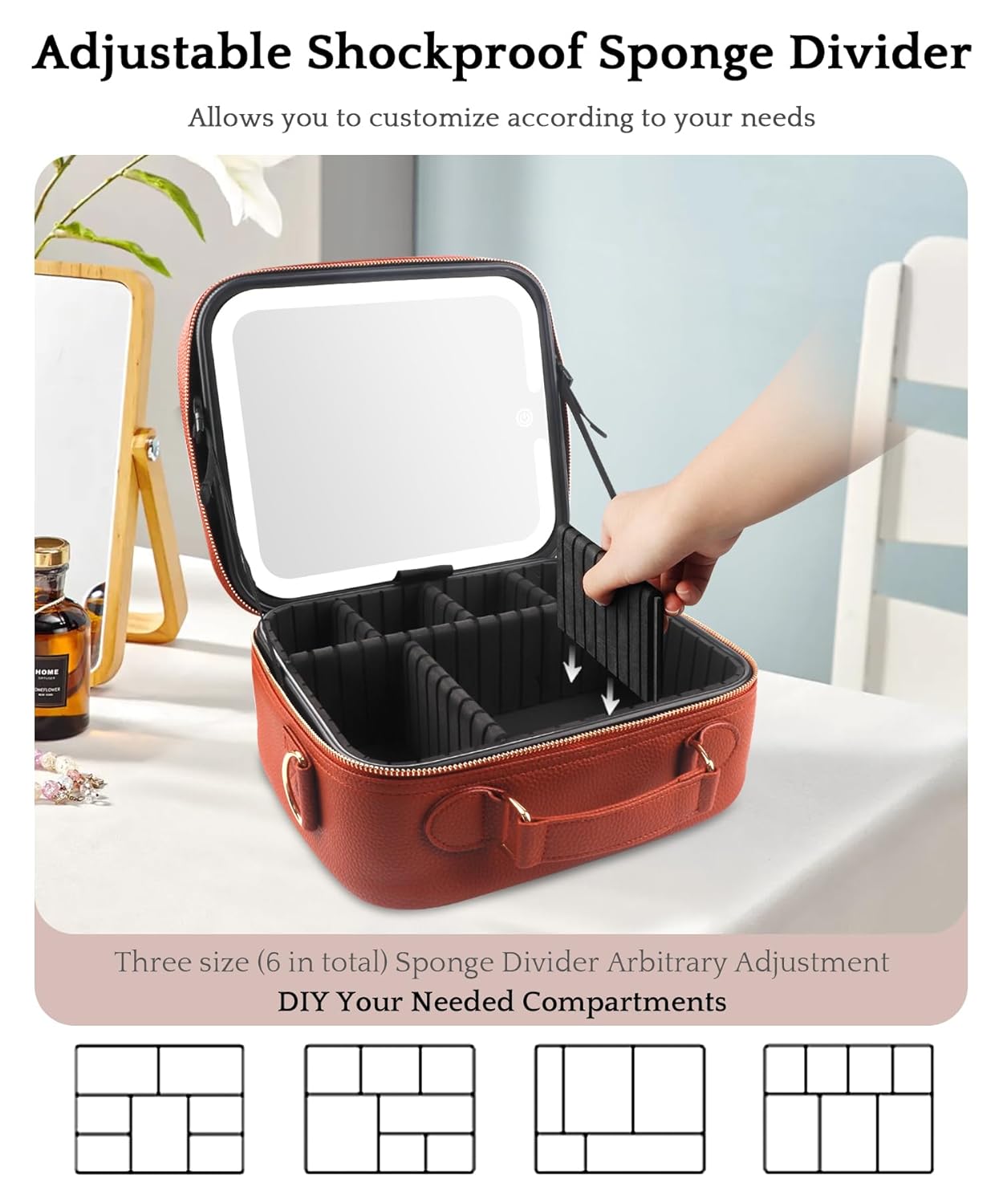 MOMIRA Travel Makeup Bag Cosmetic Bag with Lighted Mirror, Adjustable Brightness in 3 Color Scenarios/Detachable makeup mirror, All-round Upgrade, Waterproof, Gift for Women -Red Brown