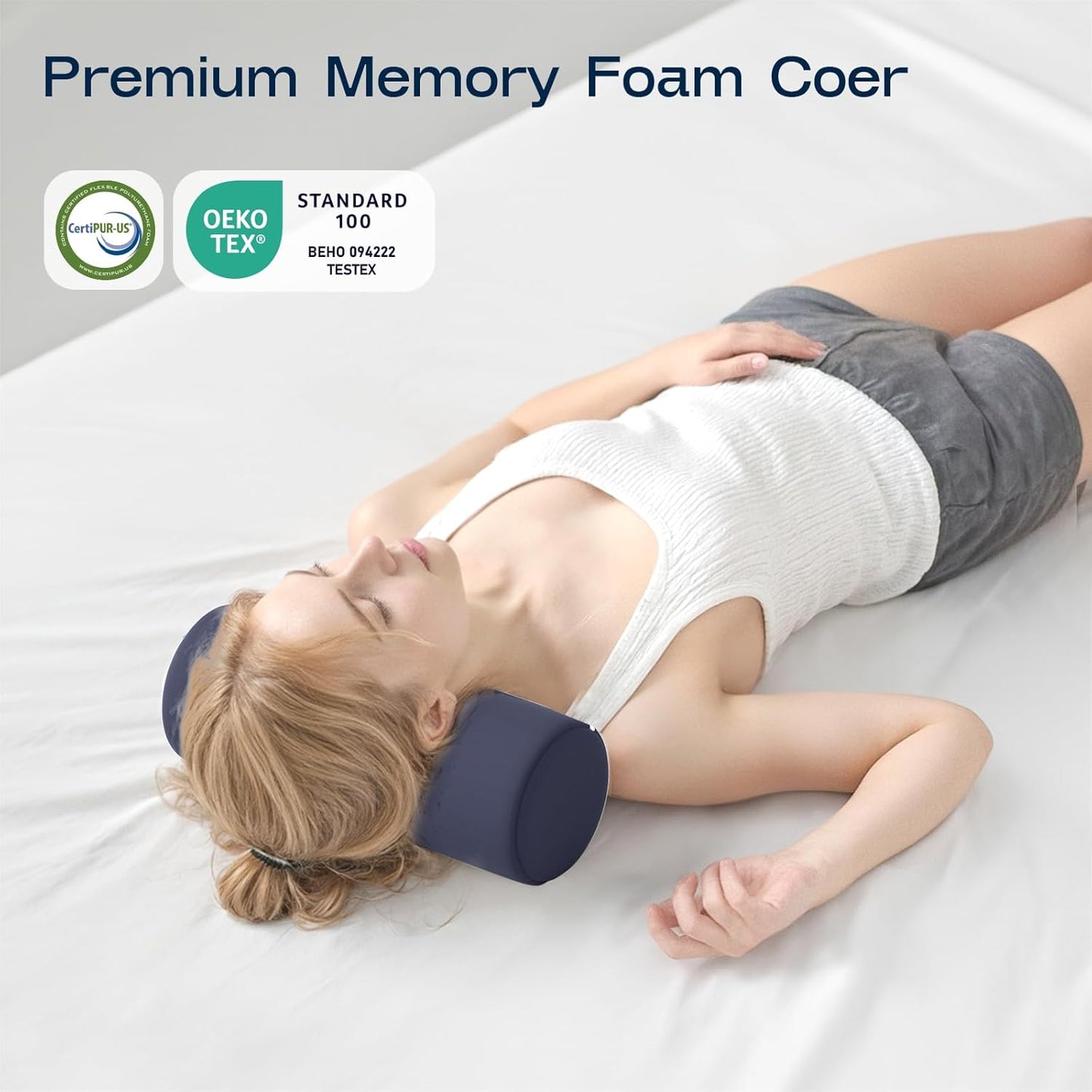 Neck Roll Pillow for Neck Pain Relief - Memory Foam Neck Support Pillow for Bed | Round Neck Pillow for Sleeping, 16 * 6.3 * 6.3inch ((Navy-Blue)