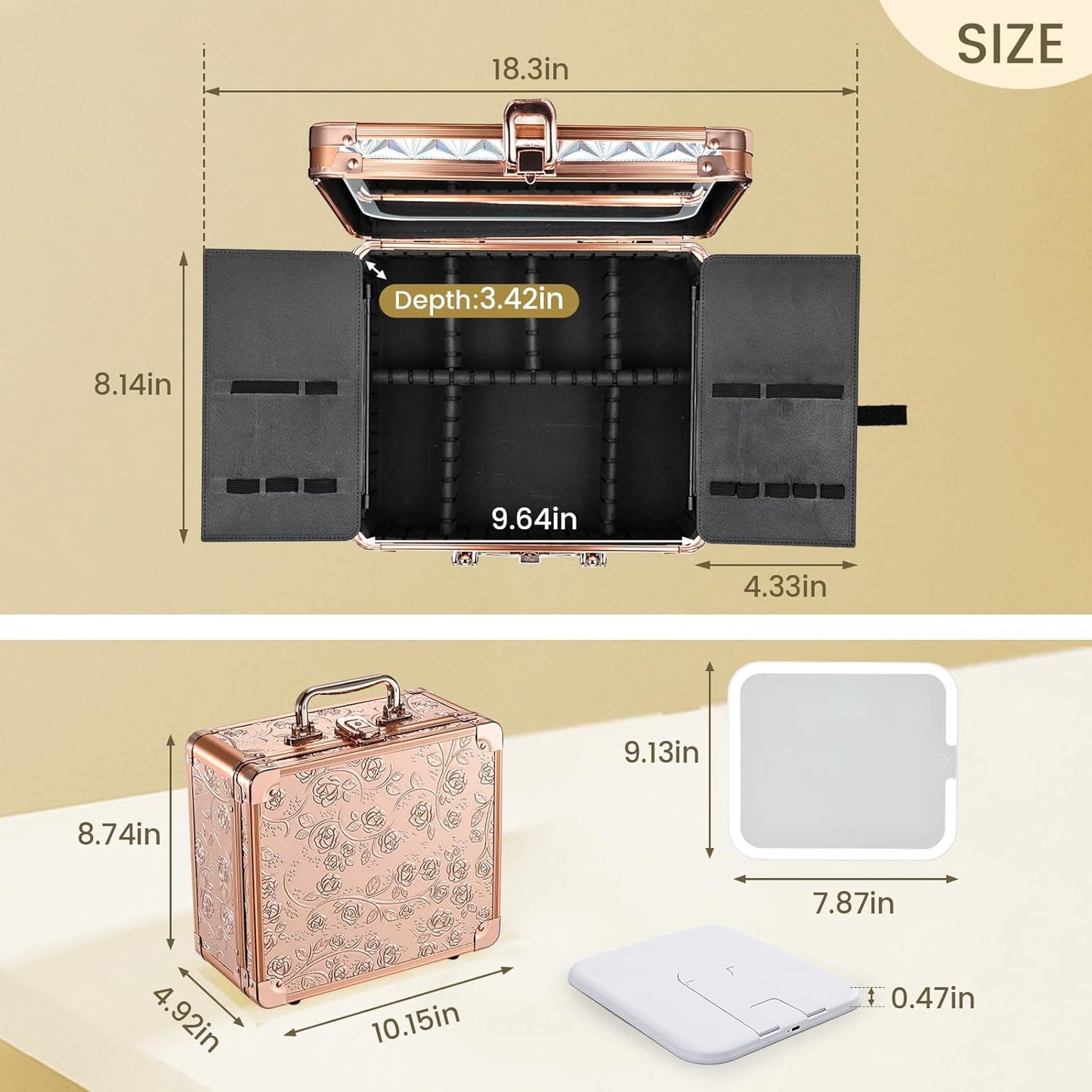 Makeup Case with Magnetic Lighted Mirror Cosmetic Train Box Detachable LED Mirror Adjustable Brightness in 3 Colors Waterproof Storage Organizer Artist Suitcase with Dividers Brush Holder, Rose Gold