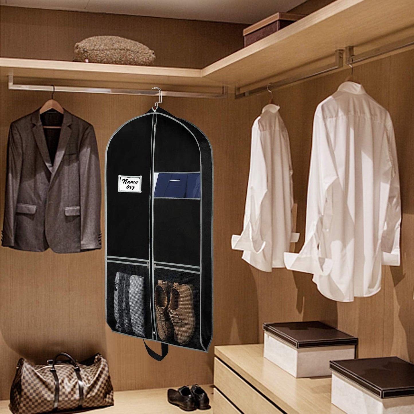 Zilink 43" Garment Bag Suit Bags for Travel with Pockets Breathable Dress Suit Cover for Storage with PVC Card Holder, Black