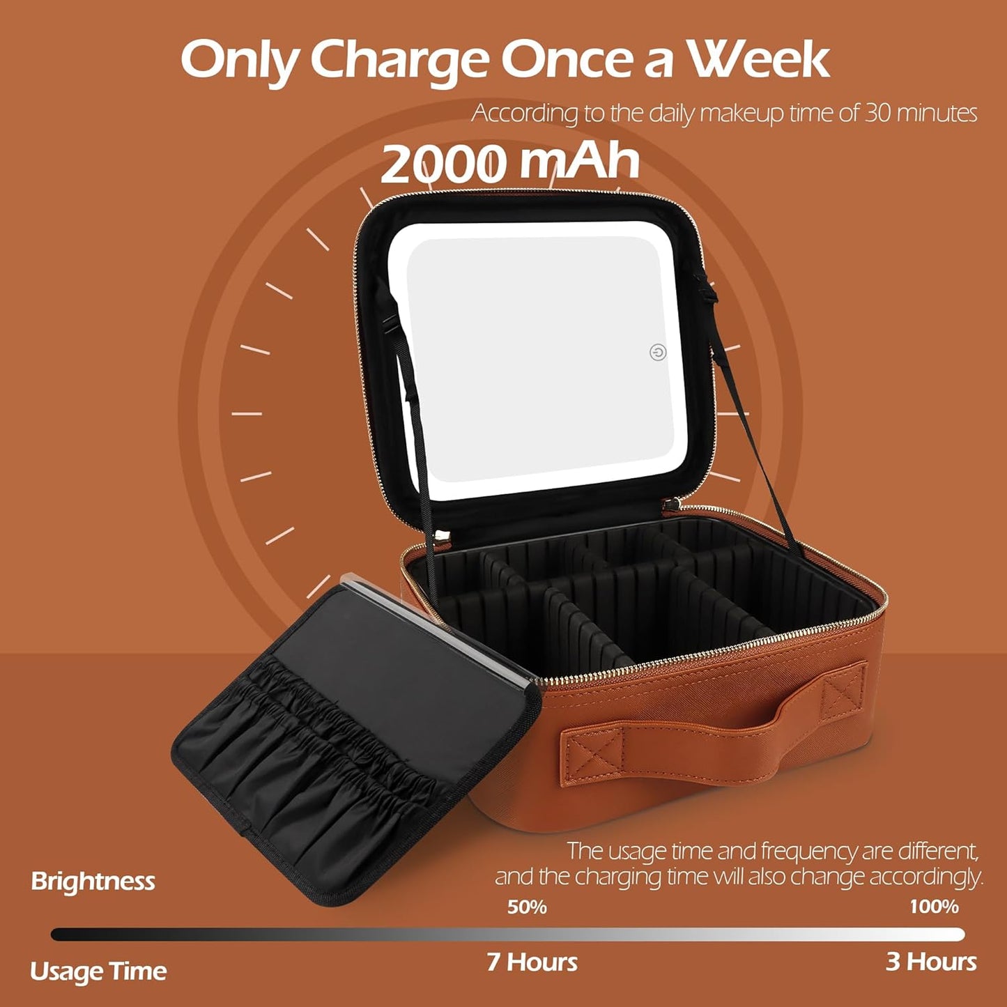 MOMIRA Travel Makeup Bag Cosmetic Bag Makeup Organizer Bag with Lighted Mirror, Adjustable Brightness in 3 Color Scenarios, Waterproof Makeup Train Case, Gift for Women - Tangerine Brown