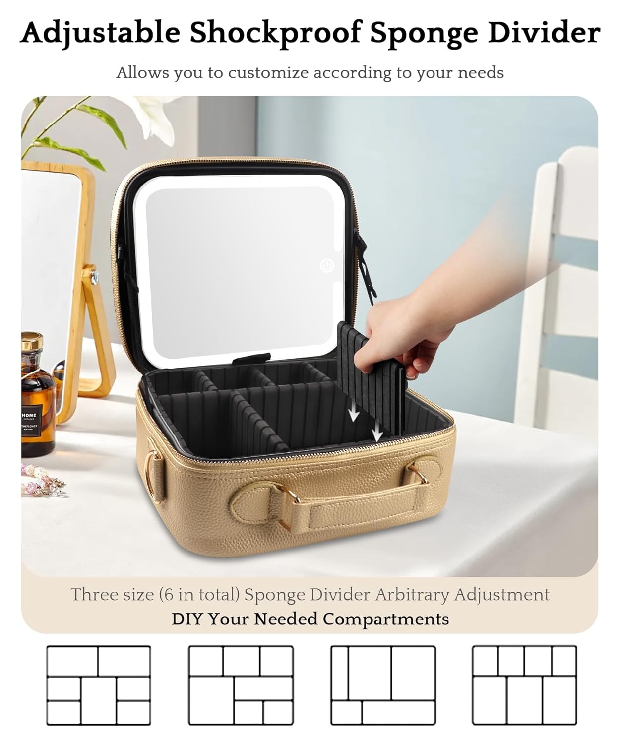 MOMIRA Travel Makeup Bag Cosmetic Bag with Lighted Mirror, Adjustable Brightness in 3 Color Scenarios/Detachable makeup mirror, All-round Upgrade, Waterproof, Gift for Women -Gold