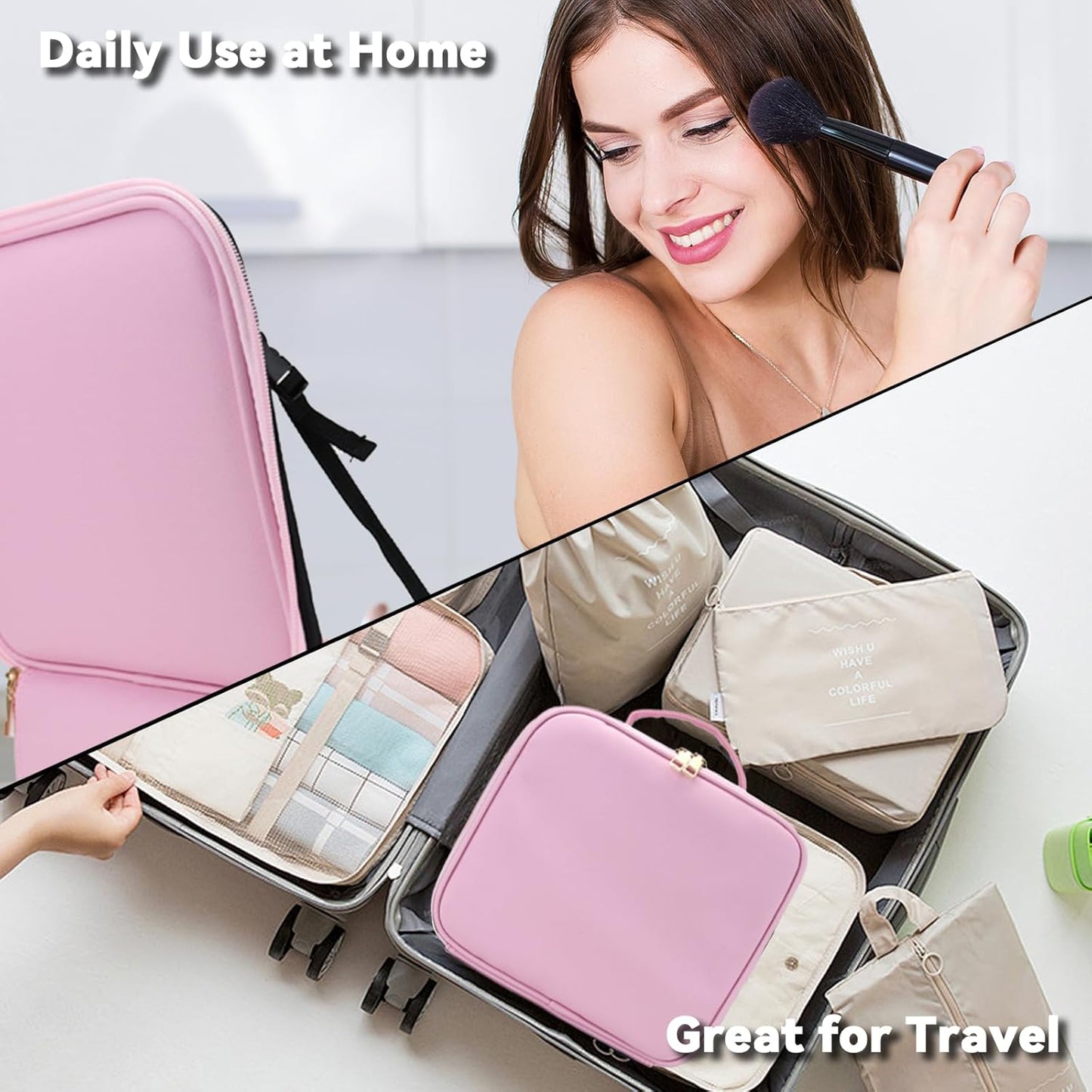 Travel Makeup Bag with LED Mirror and 10x magnifying glass with 3 Lighted Settings, Adjustable Dividers and Makeup Brush Storage Bag Light Pink