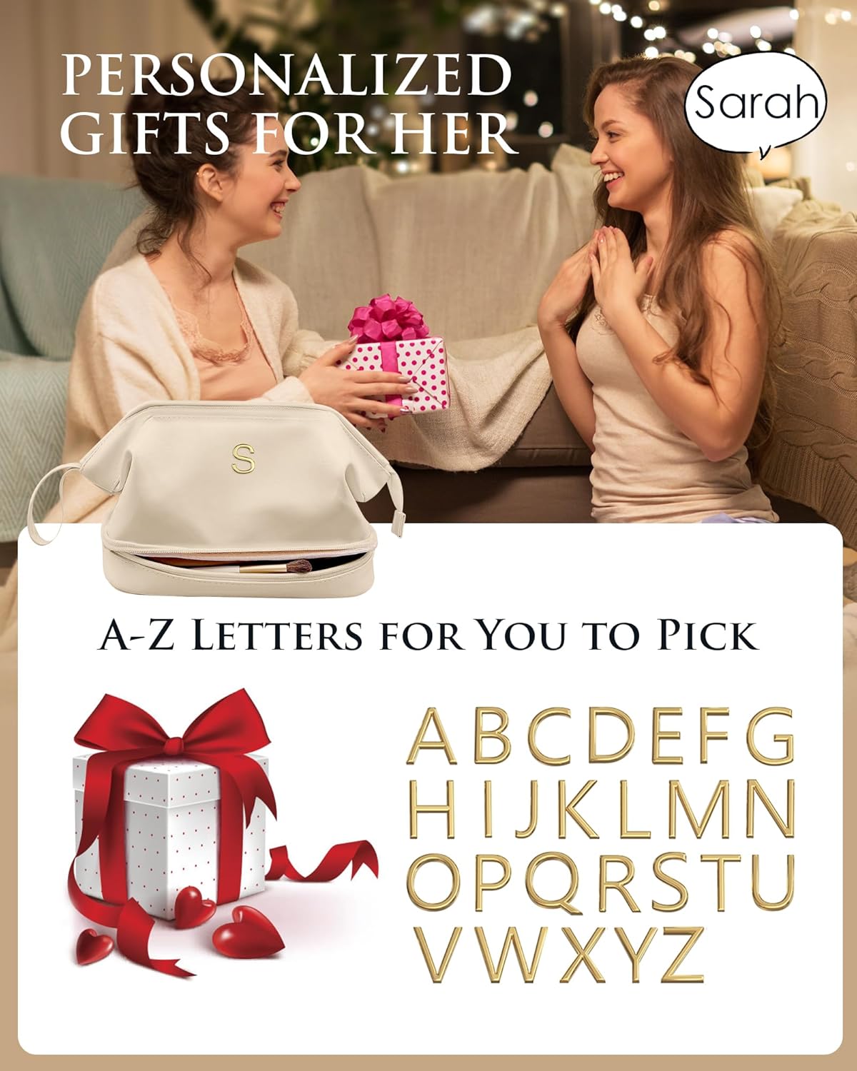 Women Gifts, Initial Large Makeup Bag, Travel Essentials, Personalized Double Layer Cosmetic Bag with Makeup Brush Organizer, Travel Toiletry Bag, Trendy Gifts For Women