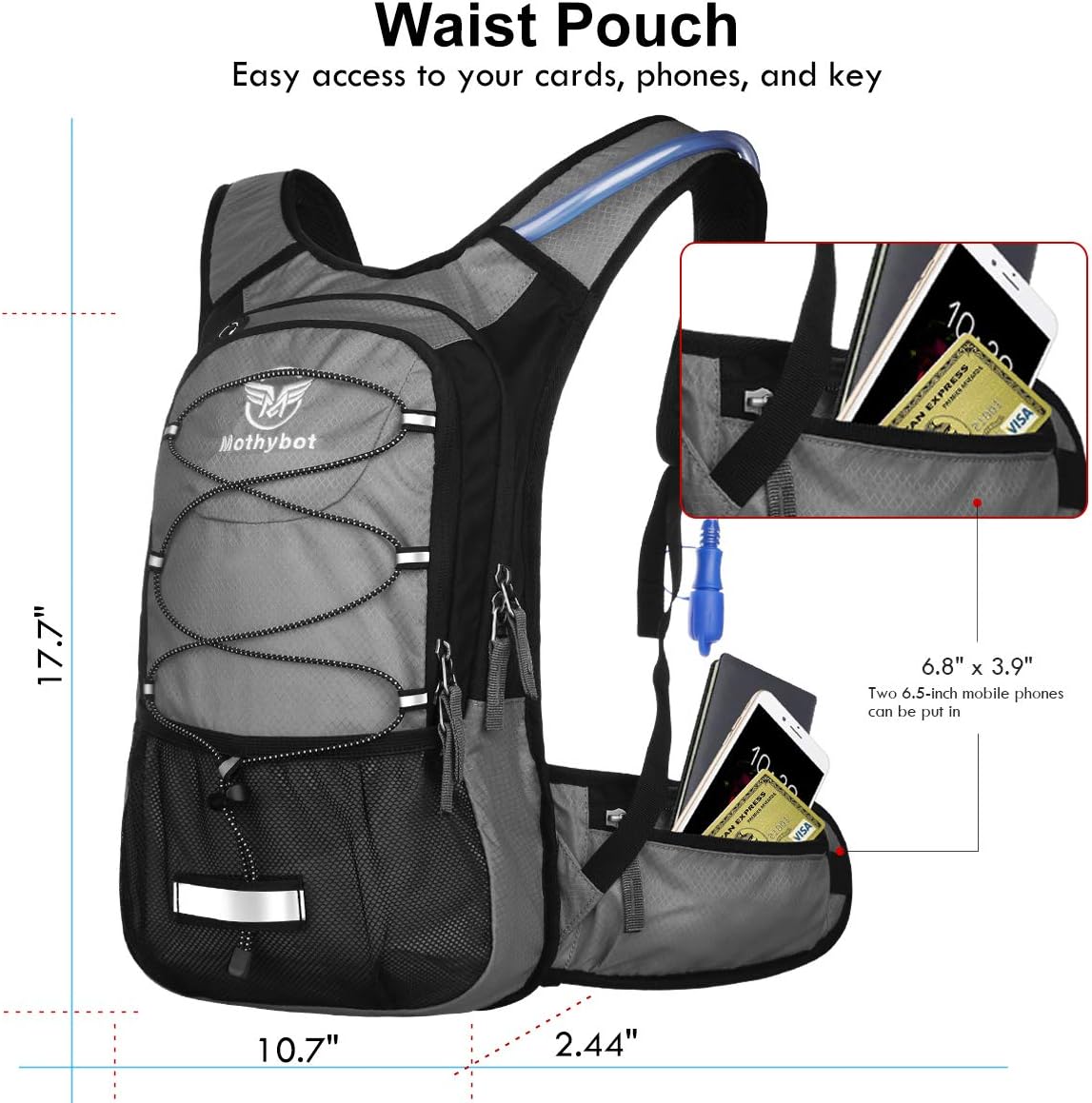 Insulated Hydration Backpack Pack with 3L BPA Free Leak Proof Water Bladder, Large Storage Lightweight Hiking Daypack with Waist Pouches & Cooler Layer, for Running, Biking, Camping, Festival