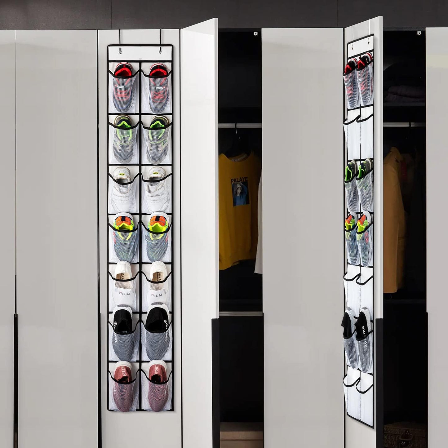 KEEPJOY Over the Door Shoe Organizer, Hanging Shoe Organizer with 4 Hooks, Shoe Holder with 14 Mesh Pockets Closet Door Shoe Storage Bag (White-2Pack)