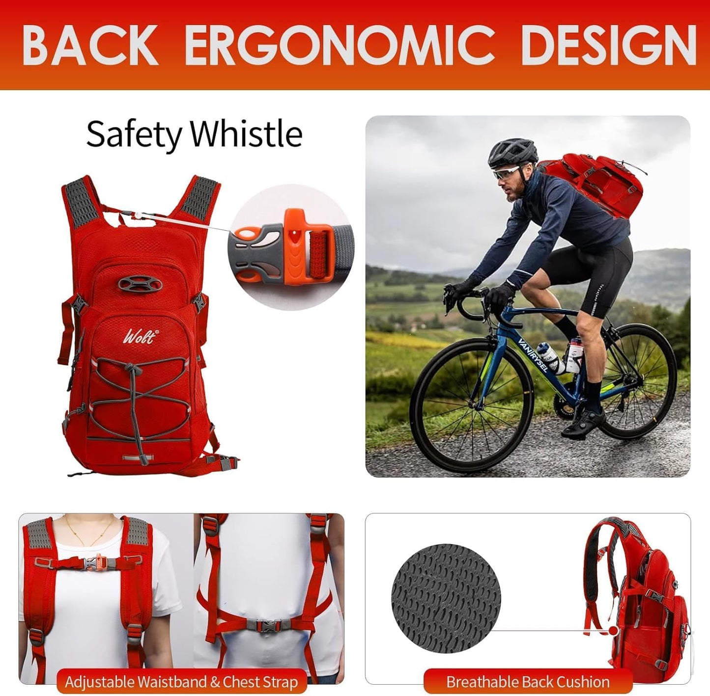 WOLT Hydration Backpack 18L Hiking Water Backpack with 2L Water Bladder for Men Women, Hydration Pack for Running Cycling Biking and Climbing