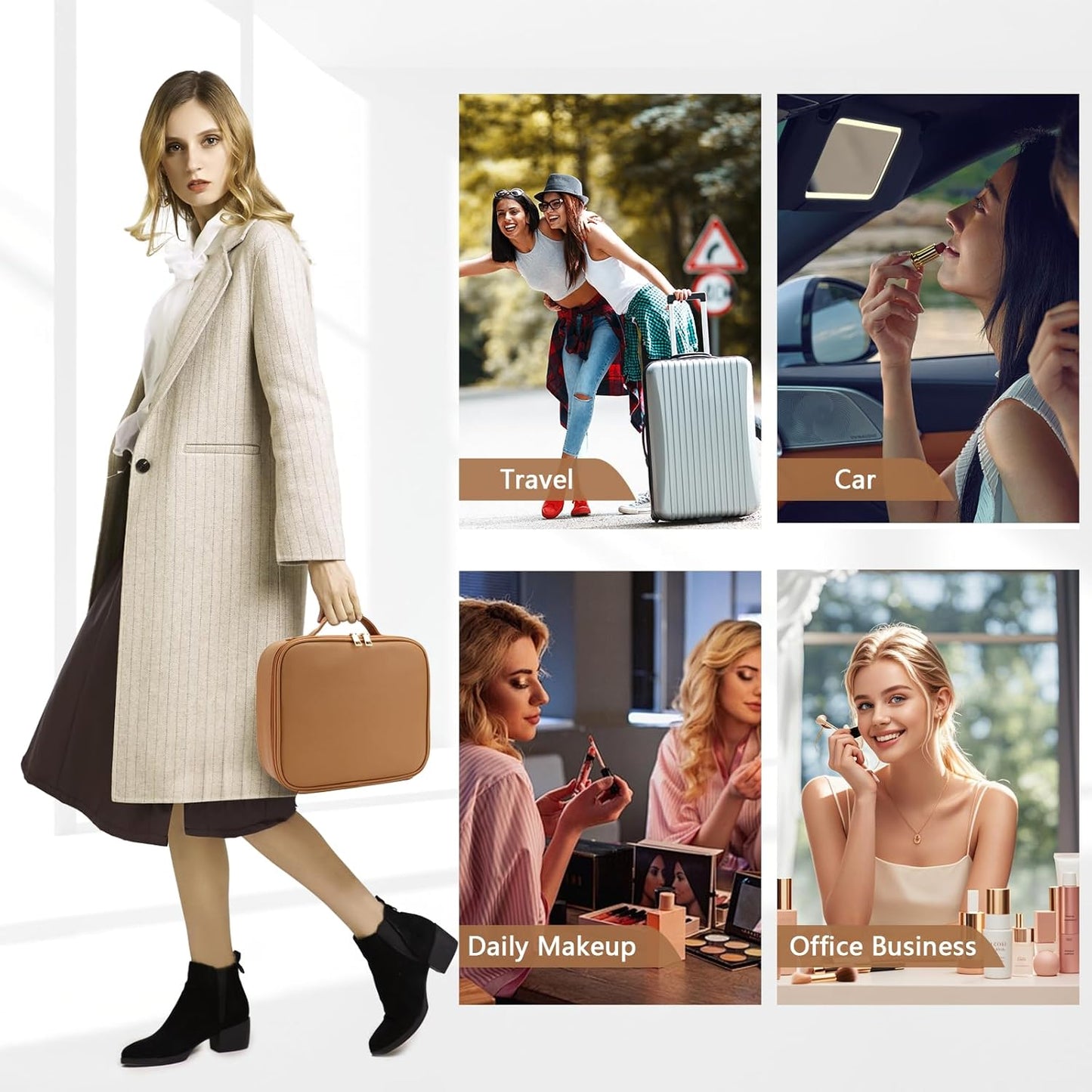 Travel Makeup Bag for Makeup Artists Large Makeup Case,with Mirror 3 Color Setting and Detachable 10x Magnifying Mirror Travel Makeup Bag,Portable Storage and Adjustable Dividers(brown)