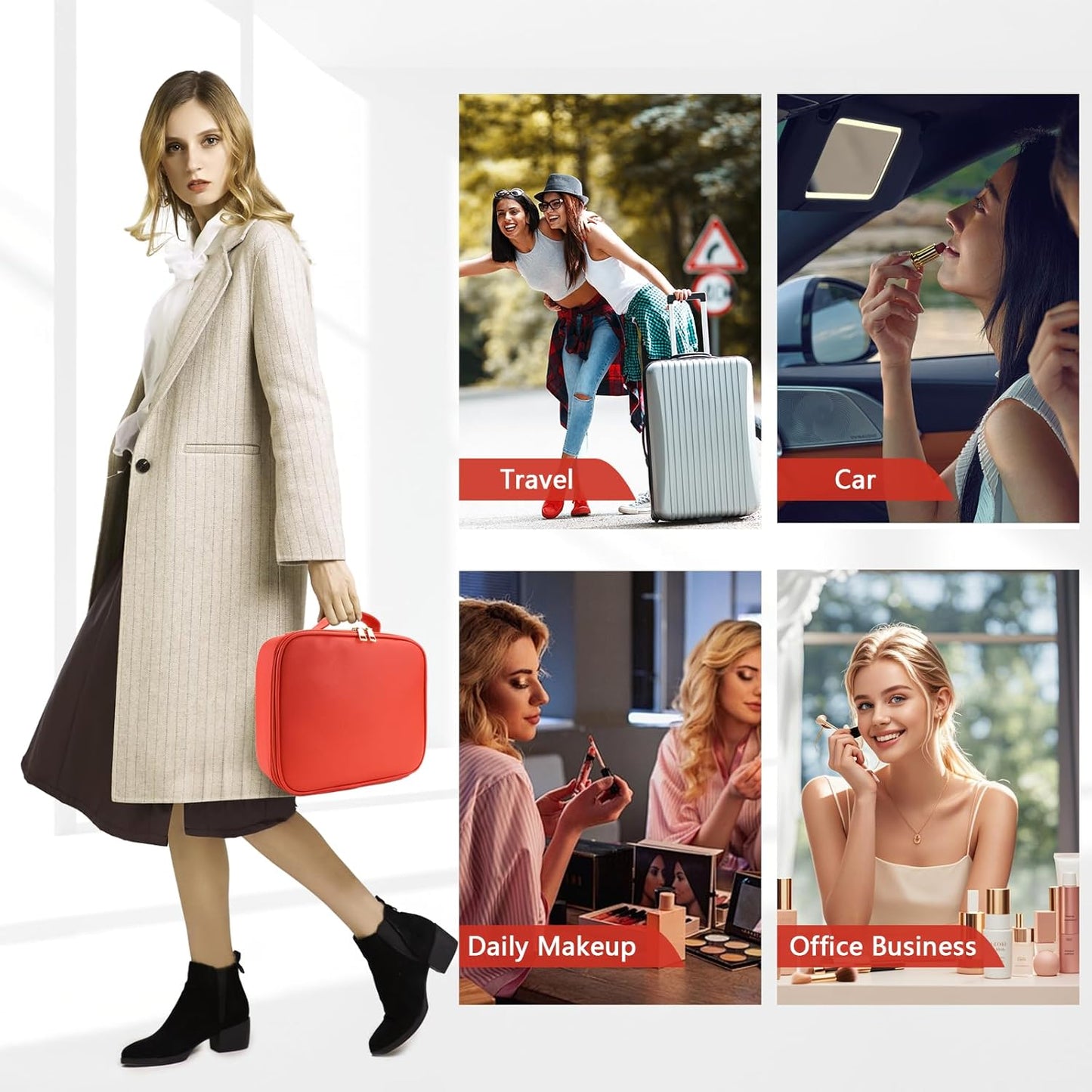 Travel Makeup Bag for Makeup Artists Large Makeup Case,with Mirror 3 Color Setting and Detachable 10x Magnifying Mirror Travel Makeup Bag,Portable Storage and Adjustable Dividers(red)