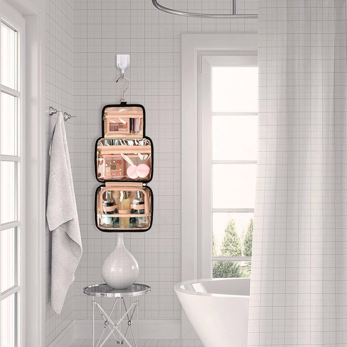 CUBETASTIC Travel Toiletry Bag with 360° Hanging Hook - 3 Compartments Water-resistant Makeup Bag with Portable Handle Medium - Makeup Organizer for Toiletries and Cosmetics