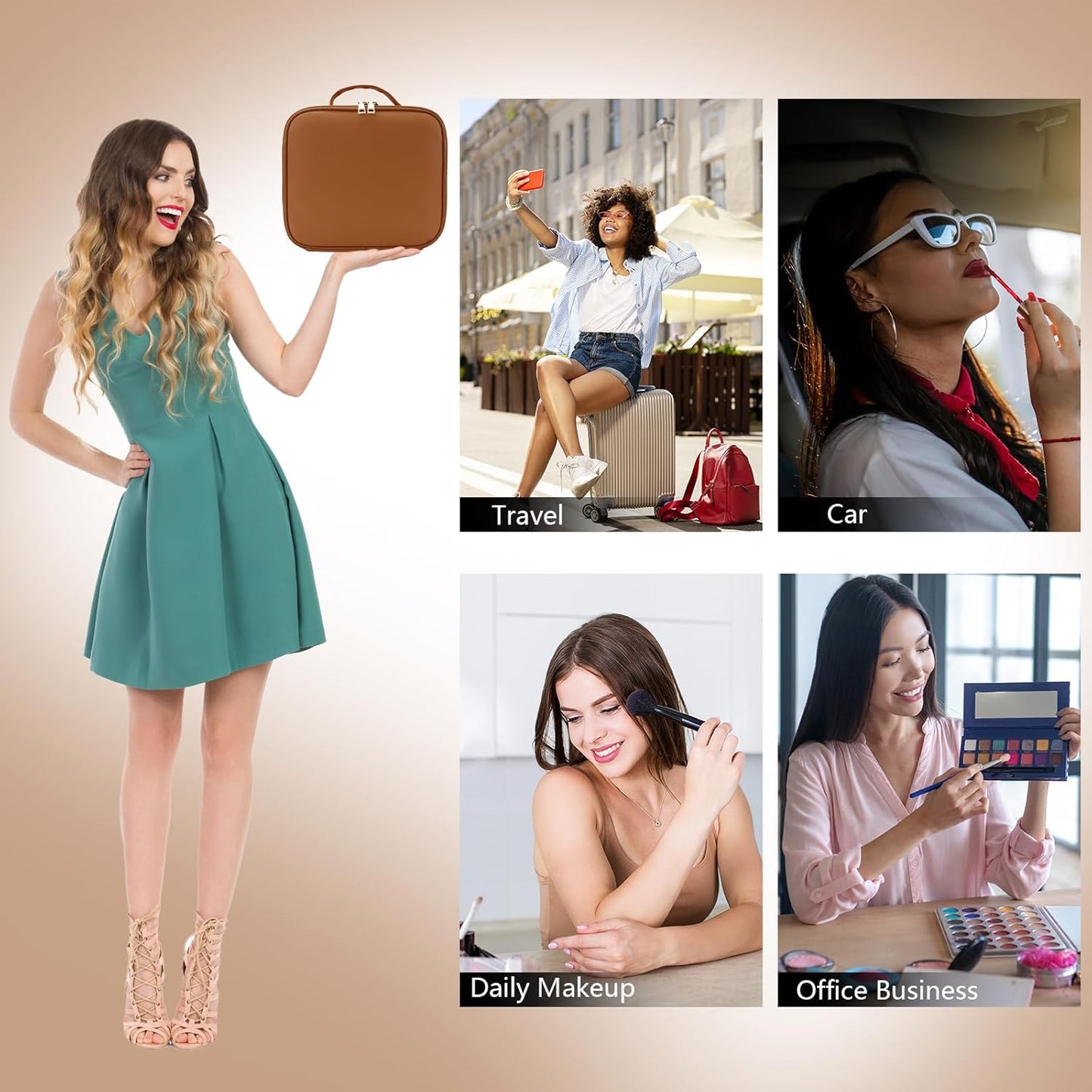 Travel Makeup Bag with LED Mirror Travel Makeup Organizer with 3 Lighted Settings, Adjustable Dividers and Makeup Brush Storage Bag Caramel