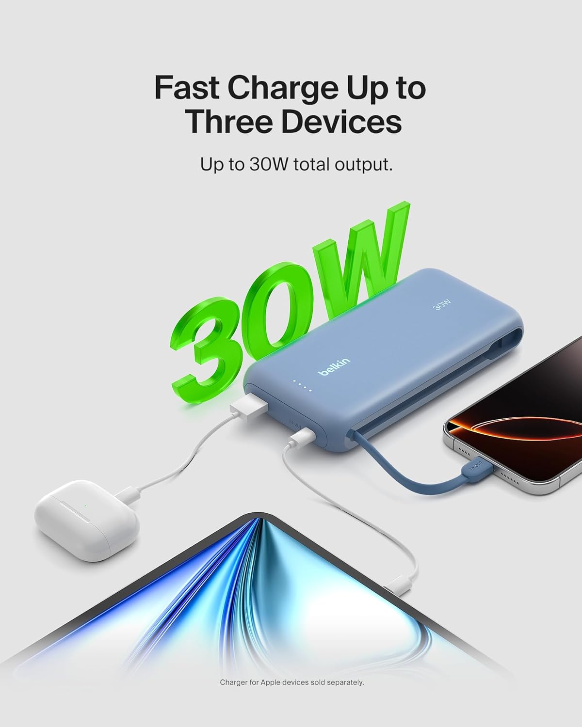 Belkin Portable Charger, Power Bank with Integrated Cable 20000 mAh 30W - Fast Charging USB C Power Delivery, iPhone Charger - iPhone 16 Series, iPad Pro, Galaxy S25 Series, & More - Blue
