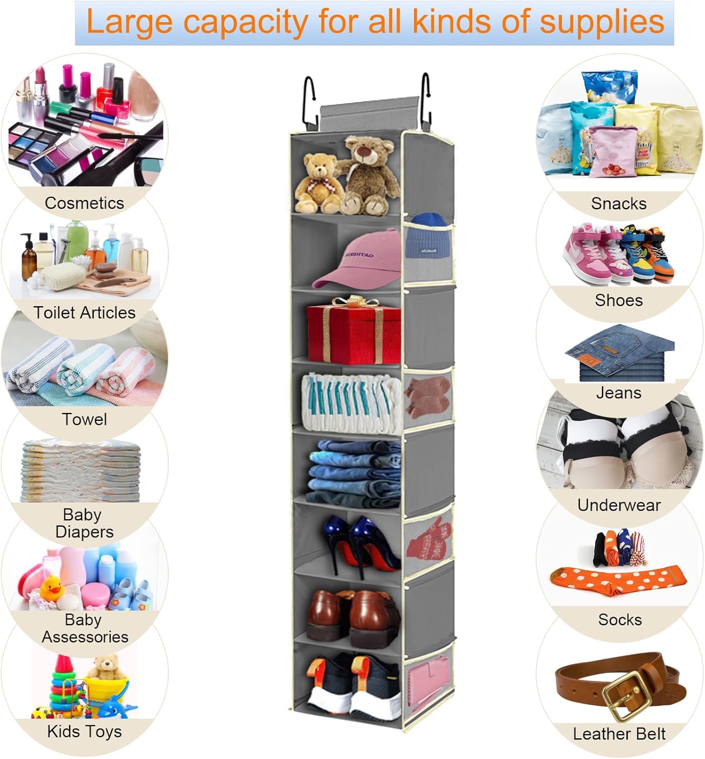 Large-Sized Hanging Shoe Organizer 8-Shelf, Hanging Closet Organizer with 8 Side Pockets, Wider Hanging Shelves for Storage Shoes Clothes 9" W × 11.8" D× 48" H, Grey