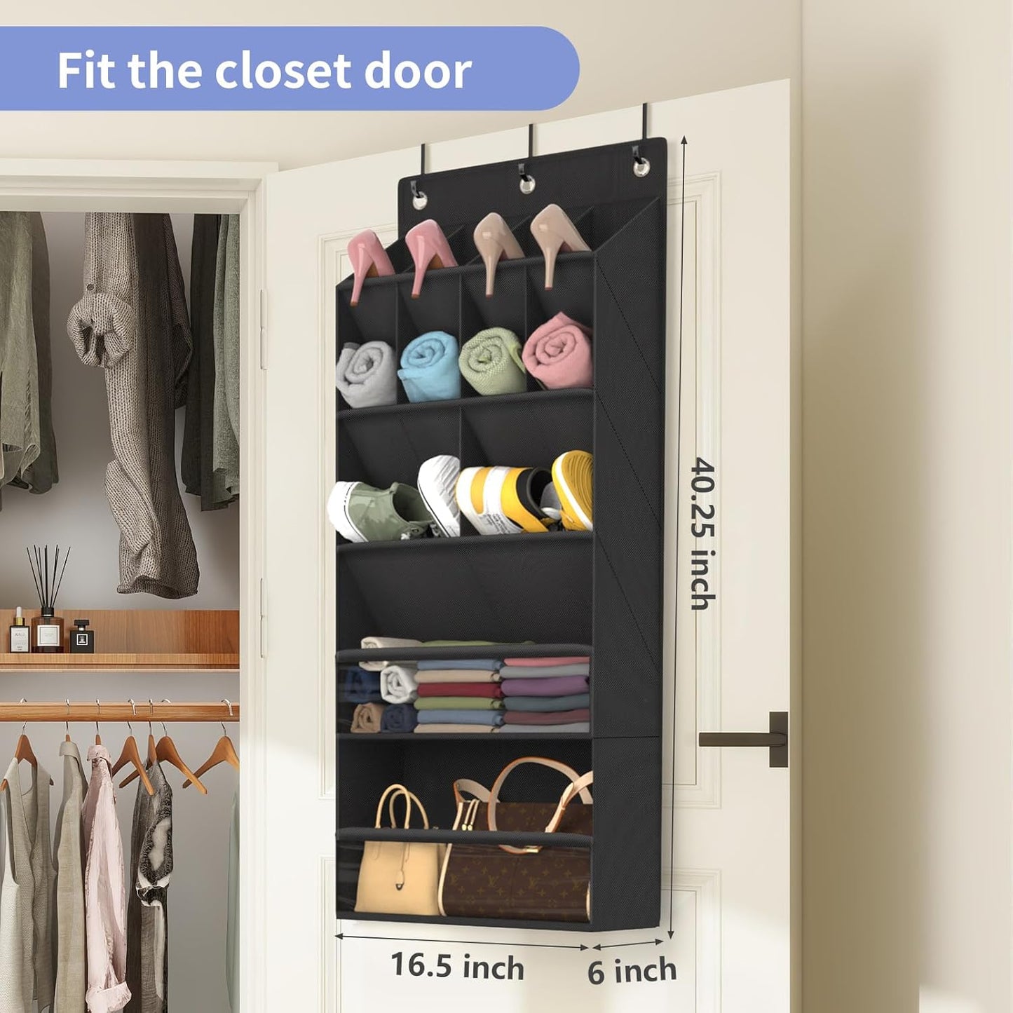 FENTEC 2 Pack Over the Door Shoe Organizer, Hanging Shoe Organizers with Large Pockets Shoe Holder Hanging Shoe Rack for Closet Shoe Organizer for Wall, Over Door Organizer with 30 Pockets, Black