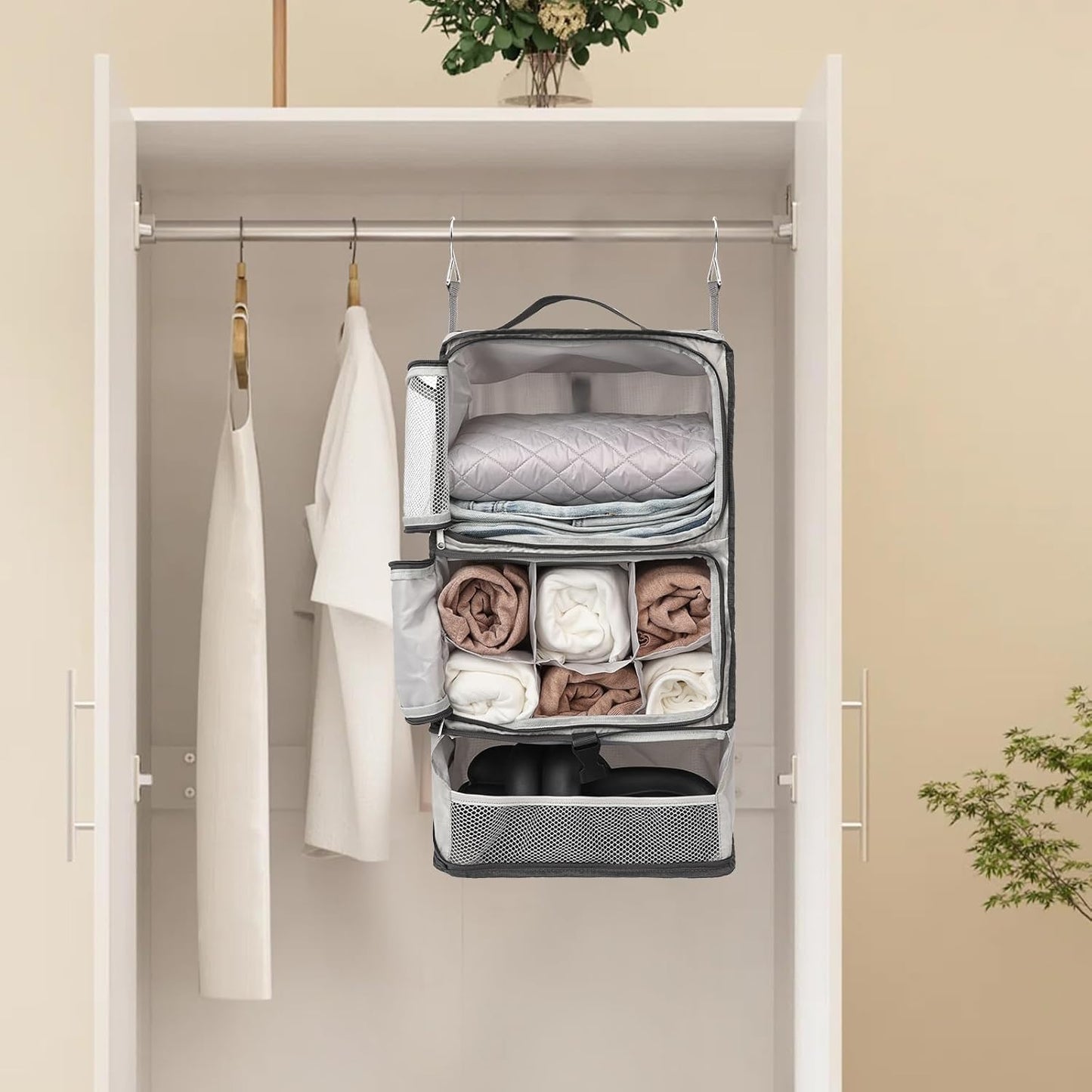 TABITORA Travel Portable Hanging Shelves Closet Organizer Packing Luggage Storage with Multifunctional and Foldable Invisible Compartment,Lightweight, for Suitcase, RV,Closet…lightgrey,XL