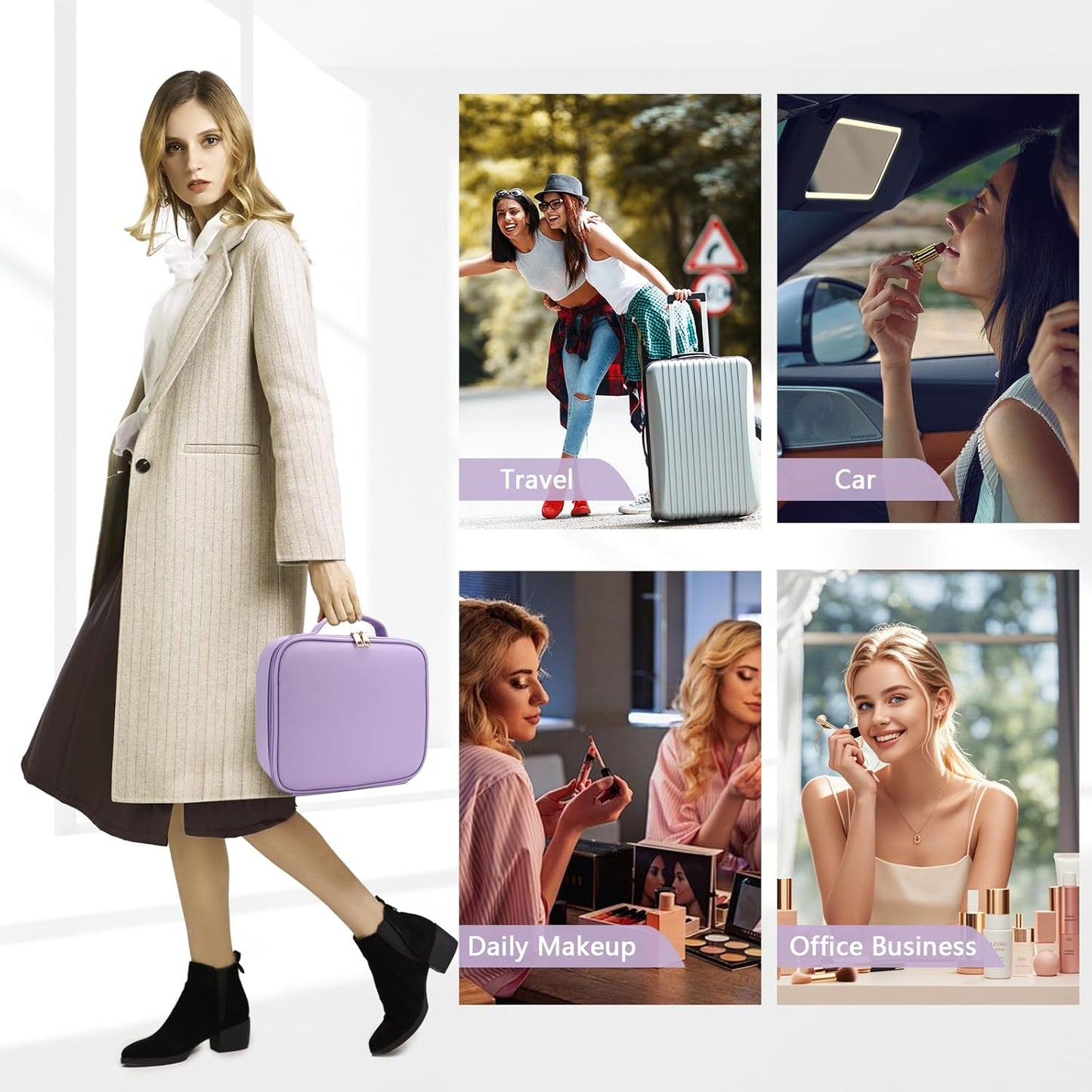 Travel Makeup Bag for Makeup Artists Large Makeup Case,with Mirror 3 Color Setting and Detachable 10x Magnifying Mirror Travel Makeup Bag,Portable Storage and Adjustable Dividers(Purple)