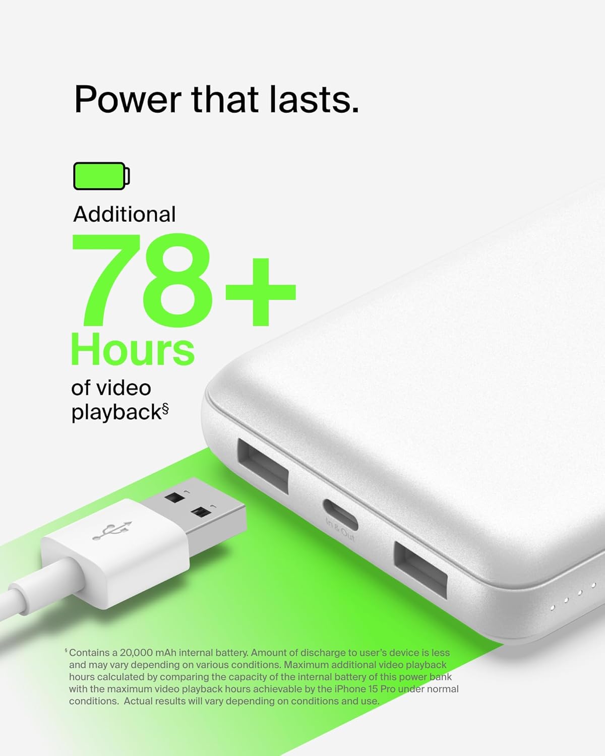 Belkin Portable Charger, USB C Power Bank 20000 mAh w/ 1xUSB-C Port & 2xUSB-A Ports, 15W w/Type-C to Type-A Cable - iPhone 16, Samsung Galaxy S25, Nintendo Switch 2, Google Pixel 10, etc. - White